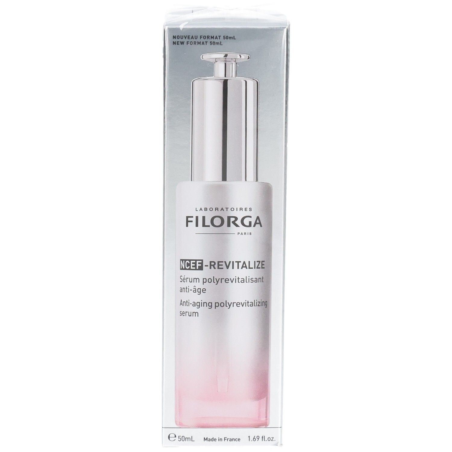 Sérum Filorga NCEF-REVITALIZE dans son emballage argenté avec dégradé rose.