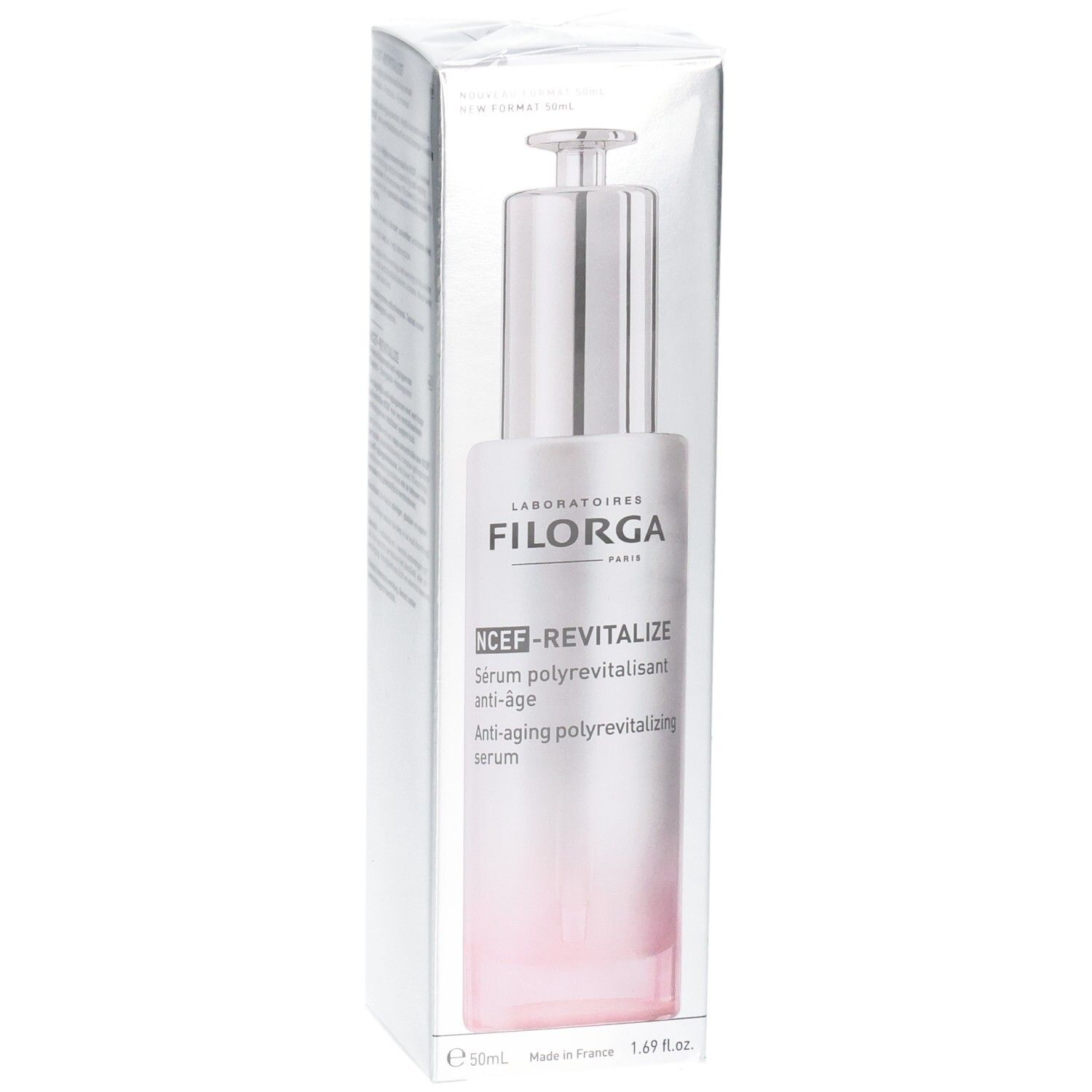 Sérum Filorga NCEF-REVITALIZE dans son emballage argenté avec dégradé rose.