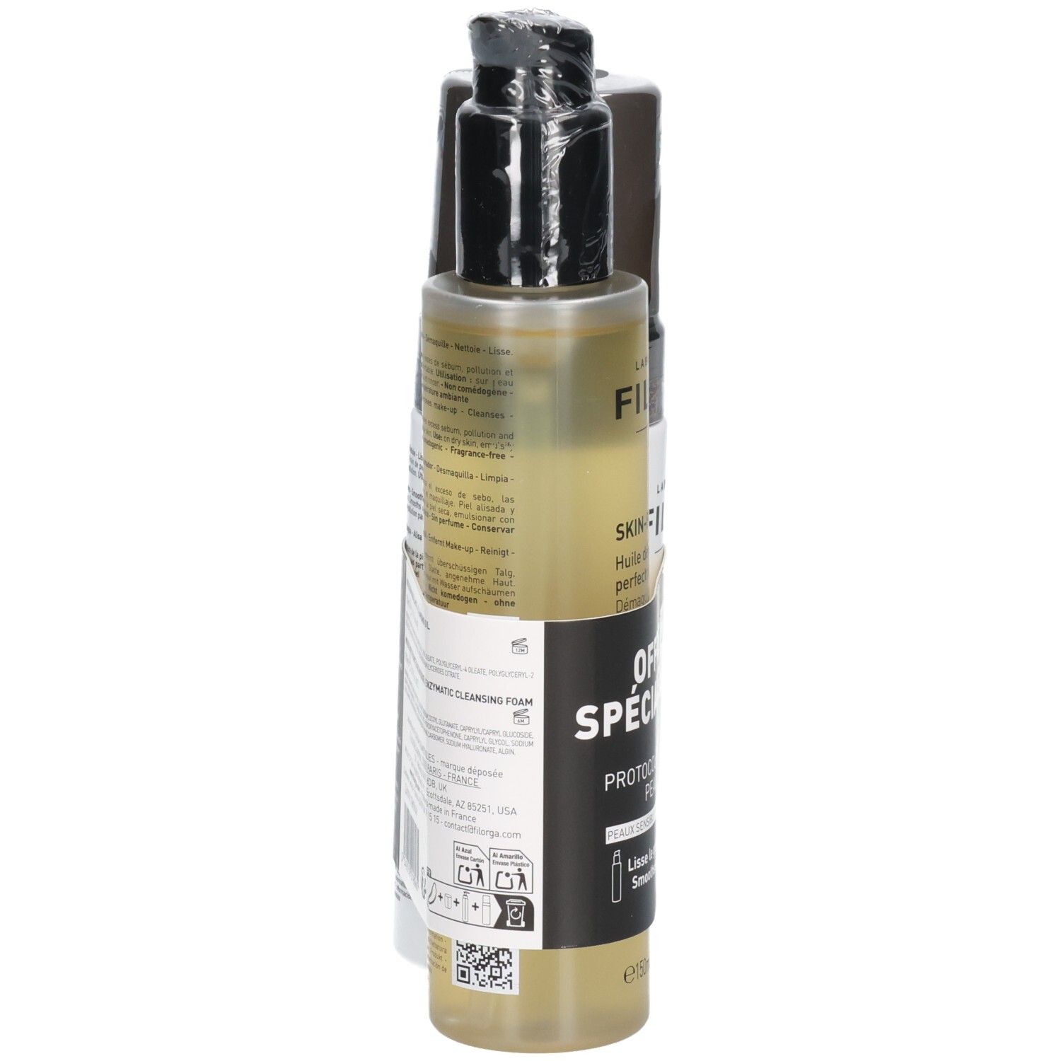 Arrière de l'offre Filorga : huile démaquillante et mousse nettoyante avec instructions d'utilisation.