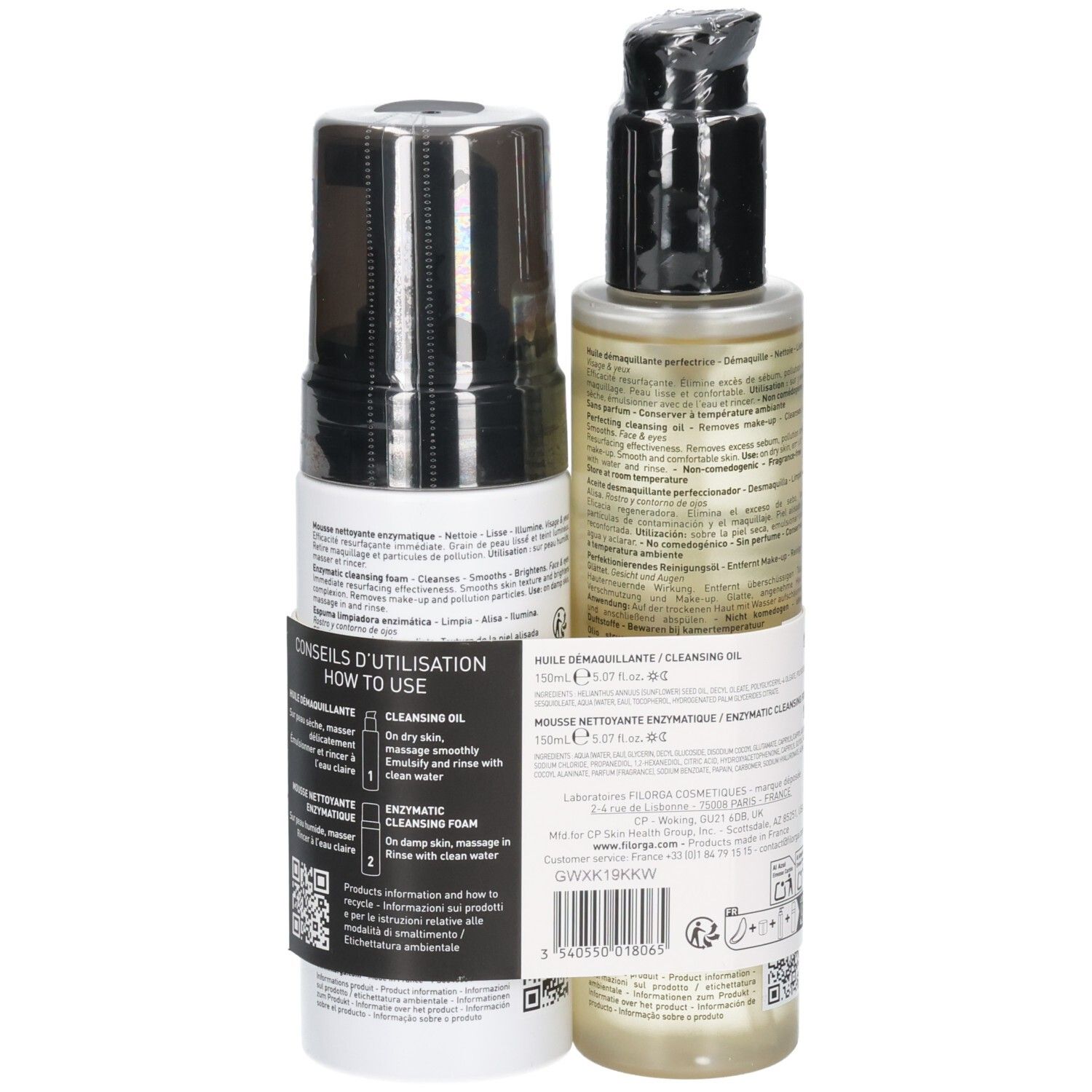 Produits Filorga : mousse nettoyante enzymatique et huile démaquillante avec instructions d'utilisation.