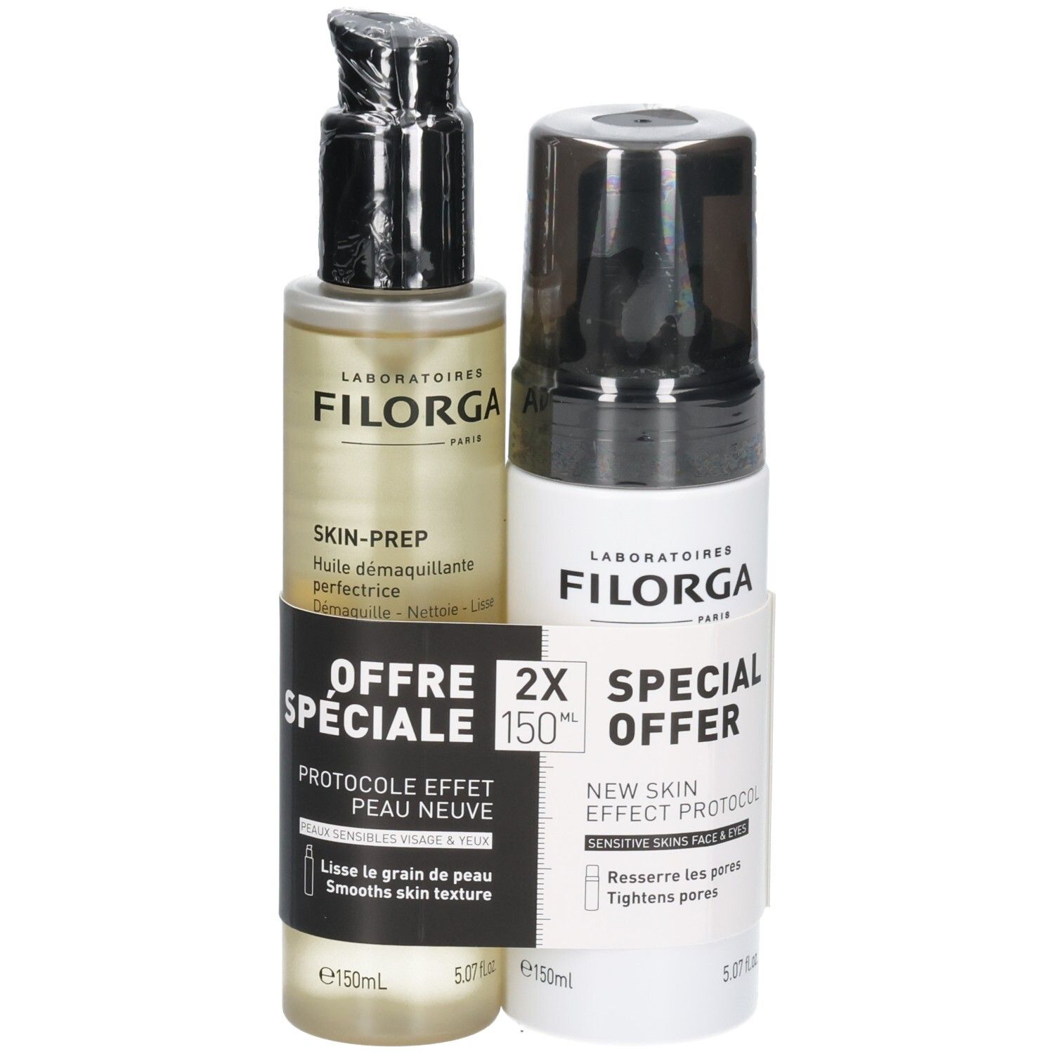 Set Filorga en offre spéciale : huile démaquillante et mousse nettoyante pour peau neuve, 150ml.