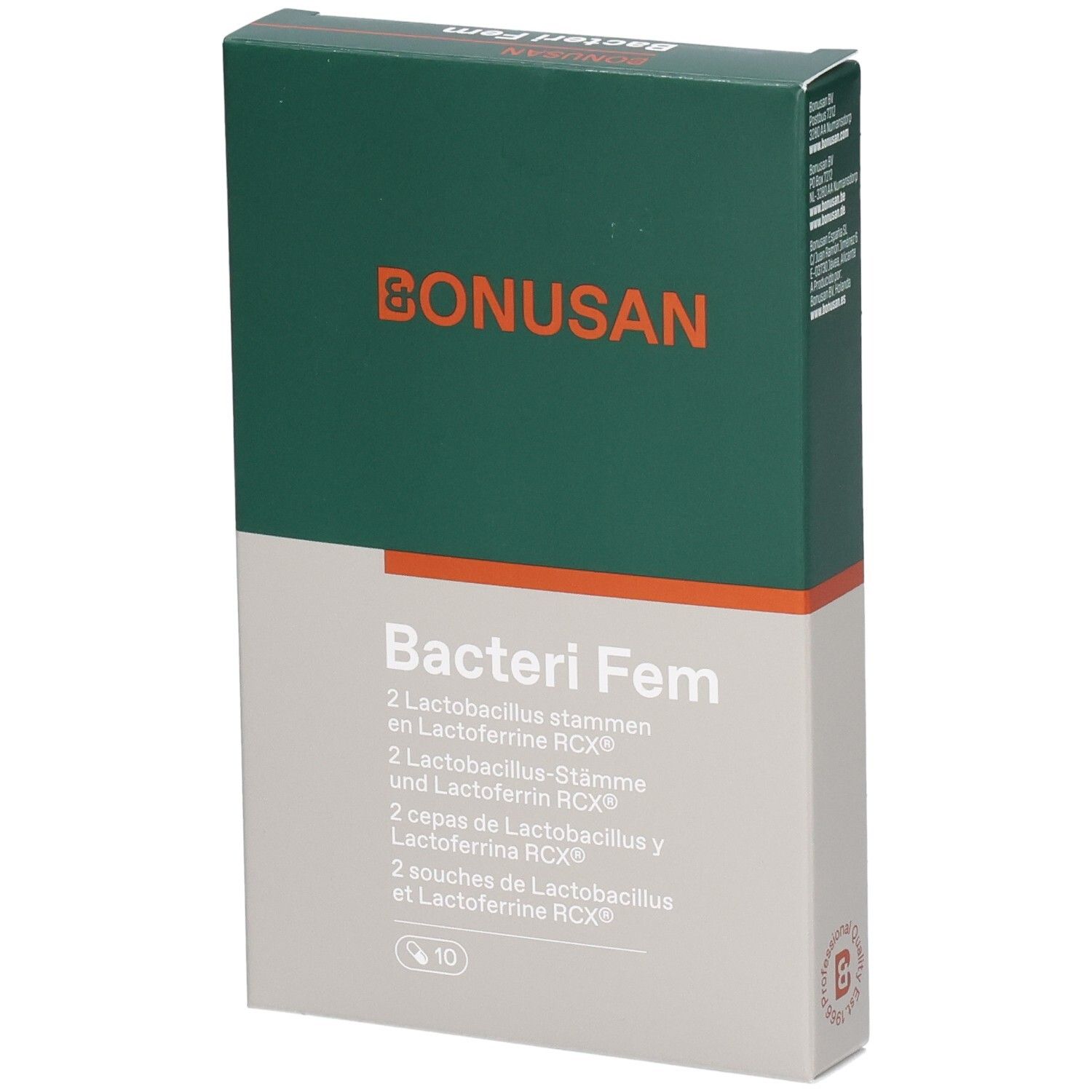 Boîte Bonusan Bacteri Fem. Vert et blanc, nom du produit et logo. Contient 10 unités.