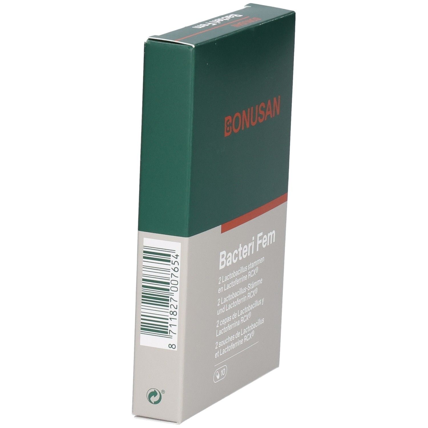 Vue latérale de la boîte Bonusan Bacteri Fem. Boîte verte et blanche avec code-barres et nom du produit.