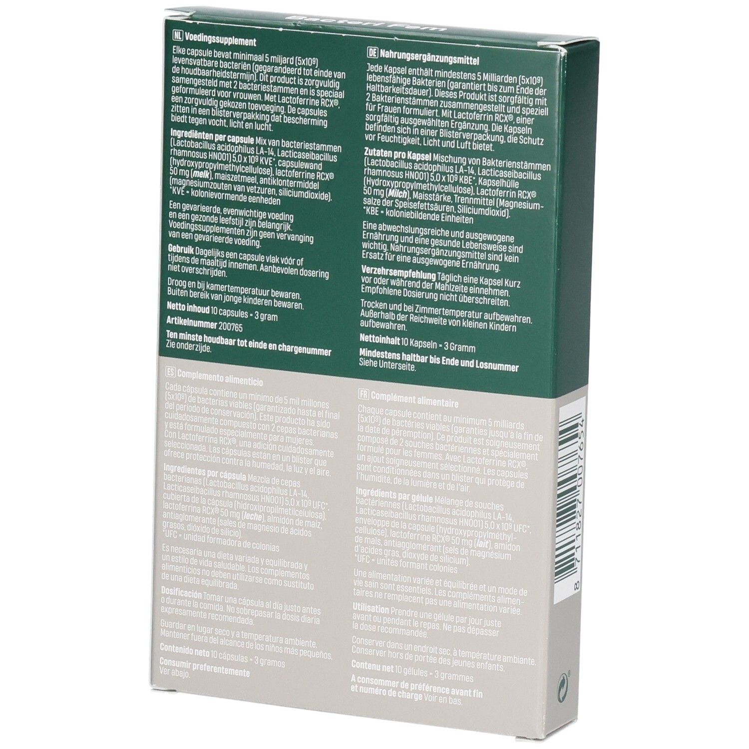 Dos de la boîte Bonusan Bacteri Fem. Texte multilingue, ingrédients et informations.