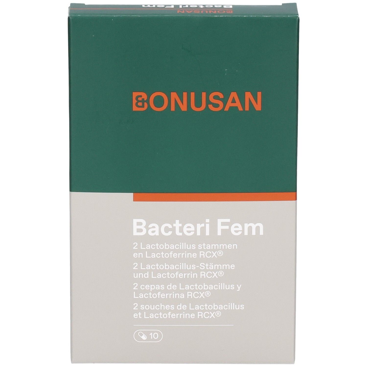 Boîte Bonusan Bacteri Fem. Vert et blanc, nom du produit et logo. Contient 10 unités.