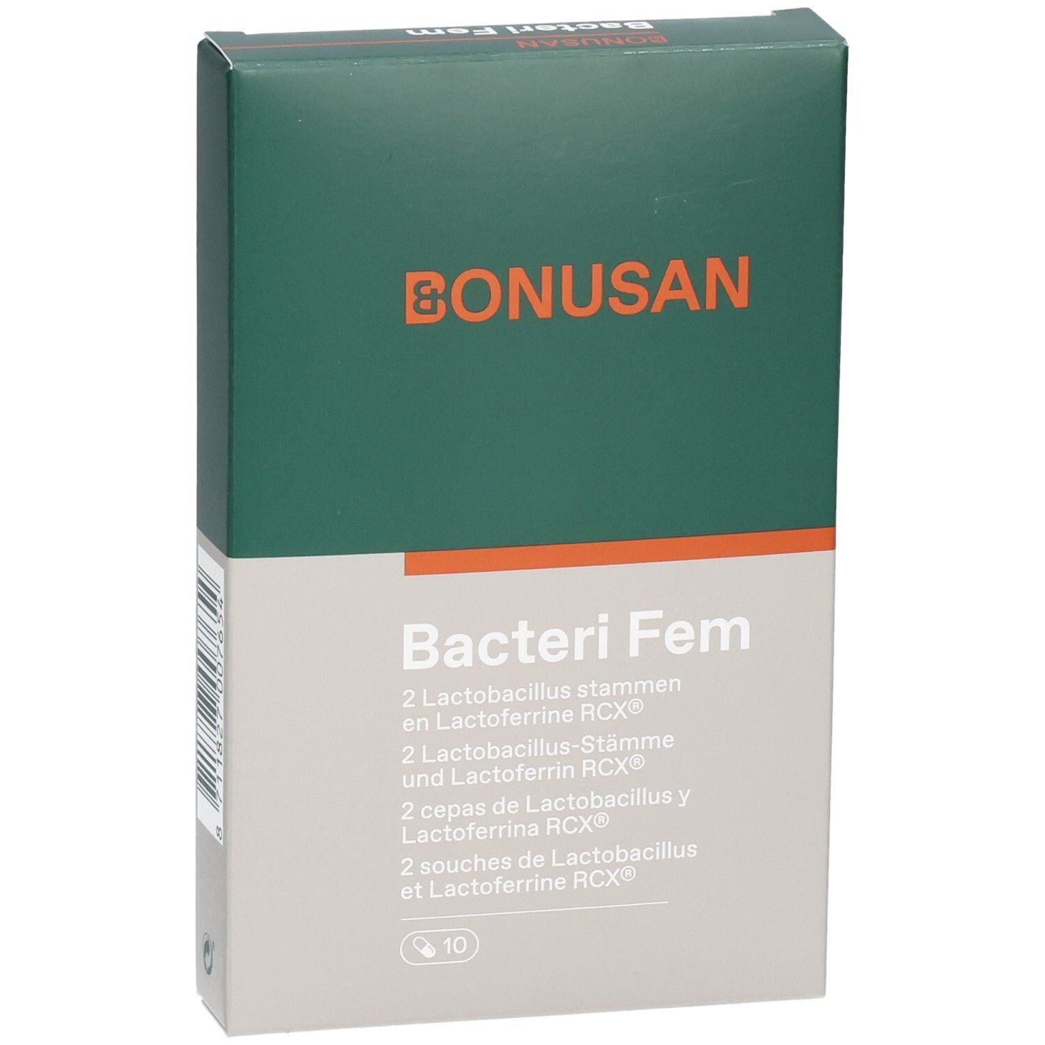 Boîte Bonusan Bacteri Fem. Vert et blanc, nom du produit et logo. Contient 10 unités.