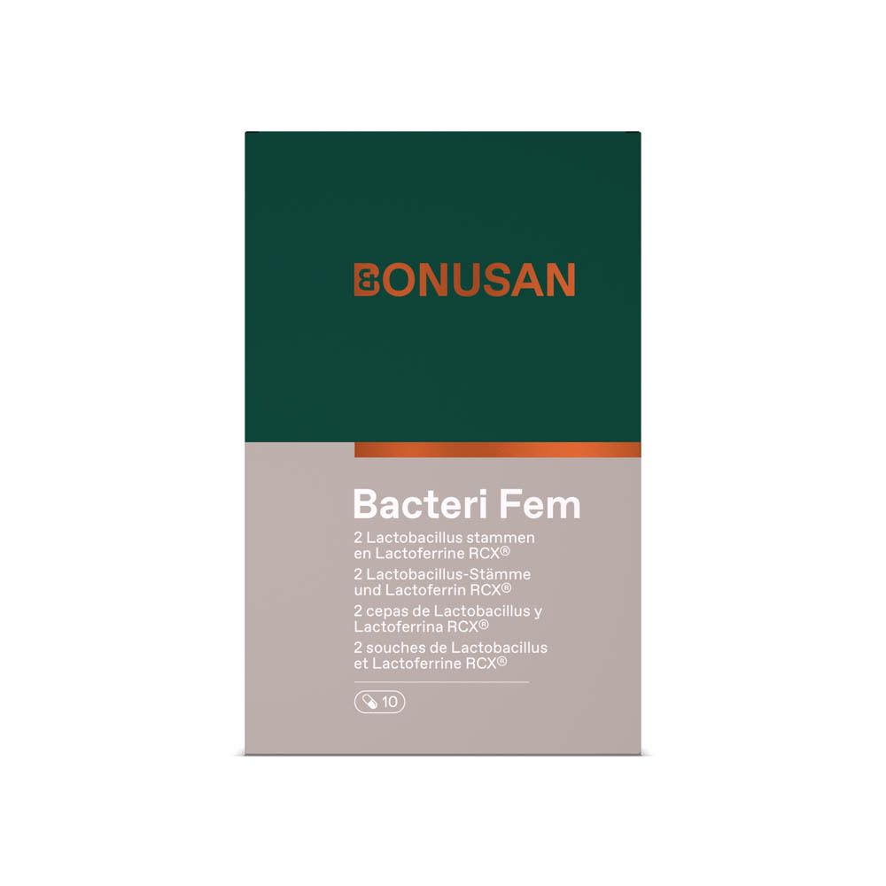 Boîte Bonusan Bacteri Fem de 10 capsules. Contient 2 souches de Lactobacillus et Lactoferrine RCX.