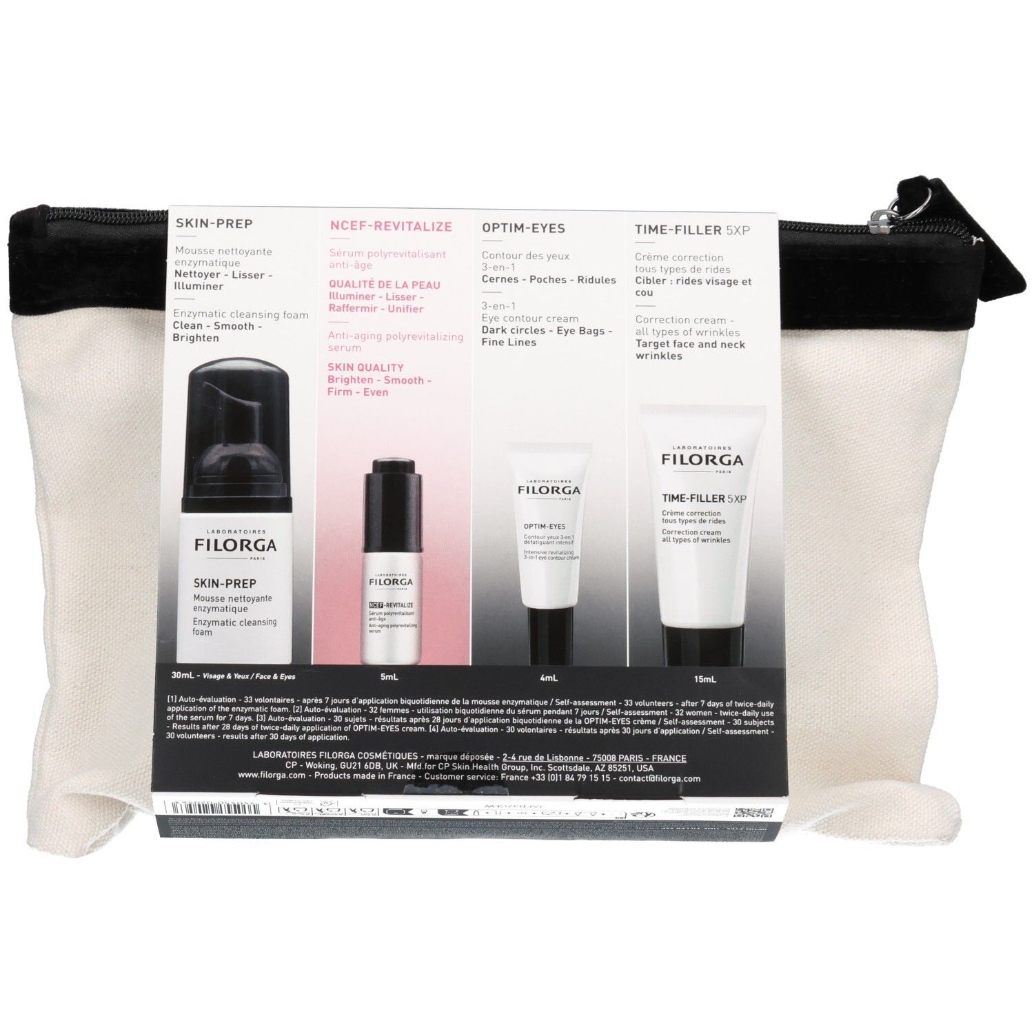 Pochette Découverte Les Iconiques Filorga avec quatre produits de soin et informations détaillées.