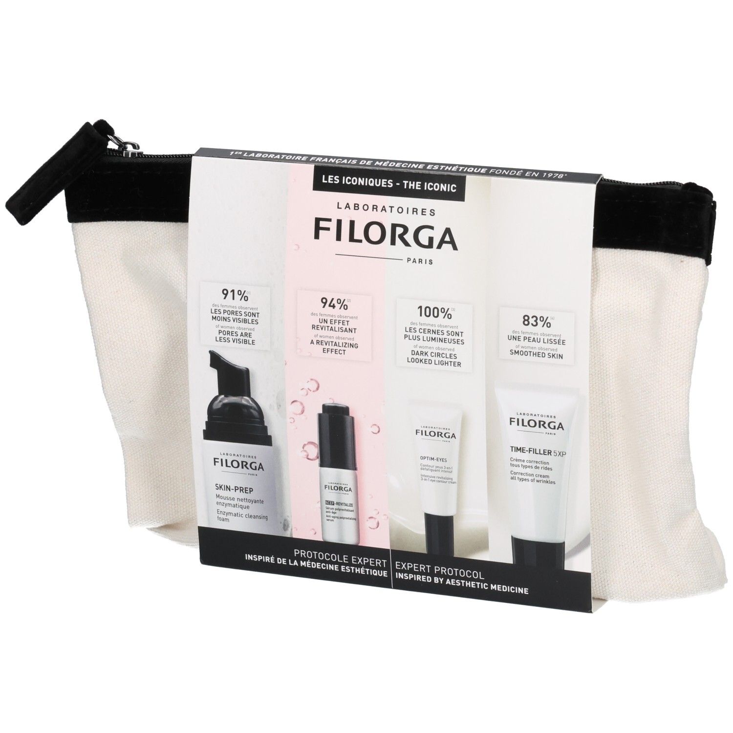 Pochette Découverte Les Iconiques Filorga, trousse avec quatre produits de soin.