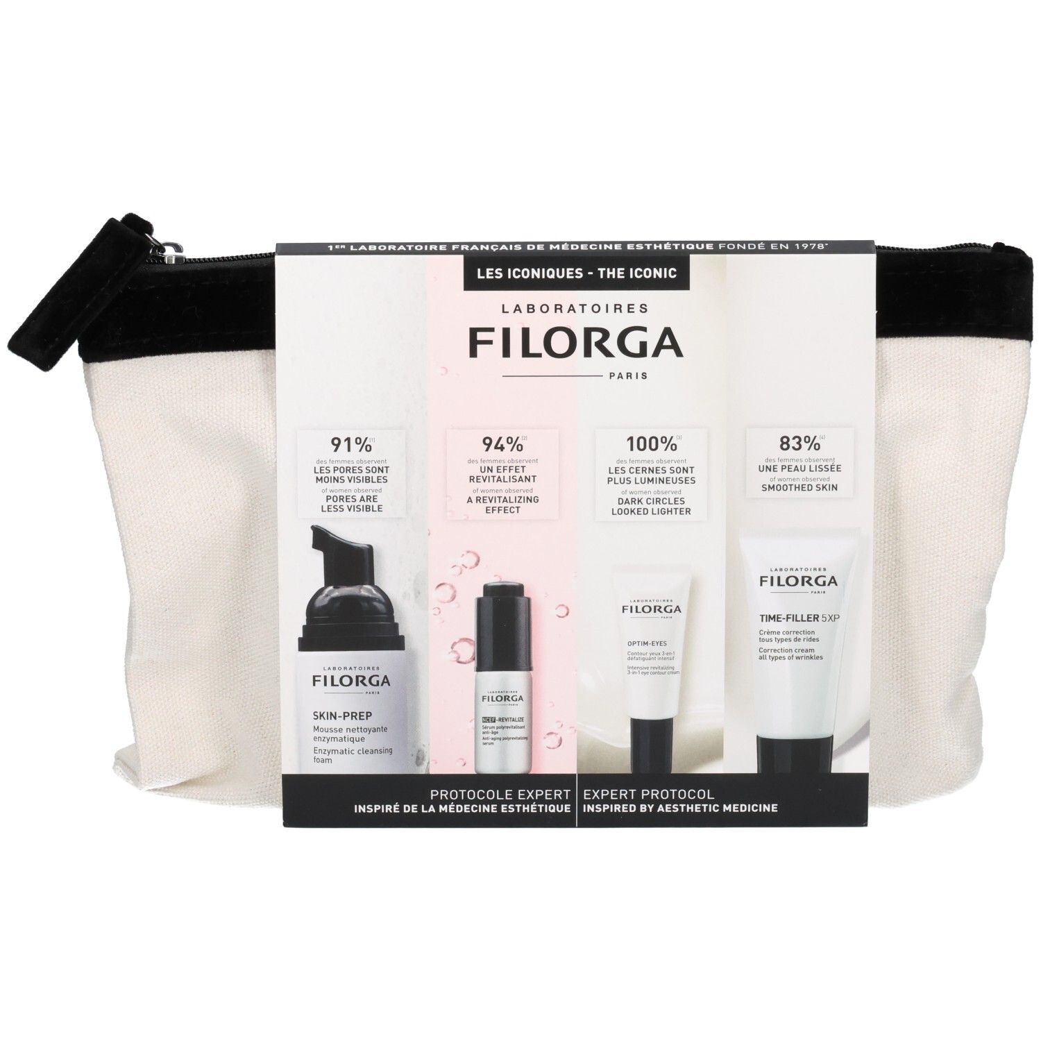 Pochette Découverte Les Iconiques Filorga avec quatre produits de soin et informations détaillées.
