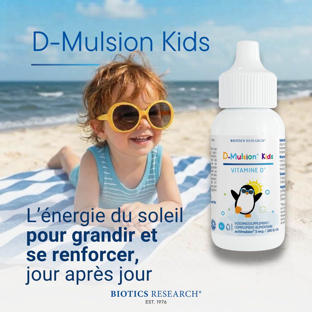 Arrière du flacon de gouttes D-Mulsion Kids Vitamine D3, étiquetage français.