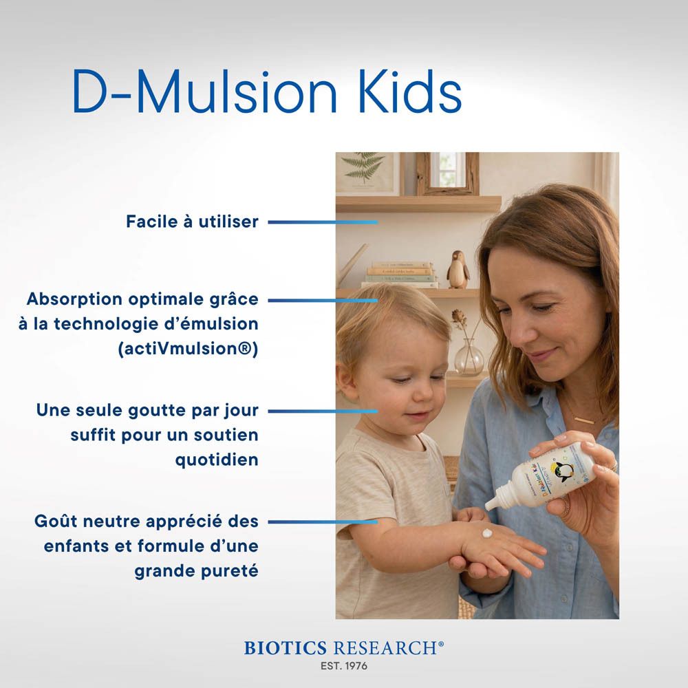 Vue latérale du flacon de gouttes D-Mulsion Kids Vitamine D3, étiquetage français.