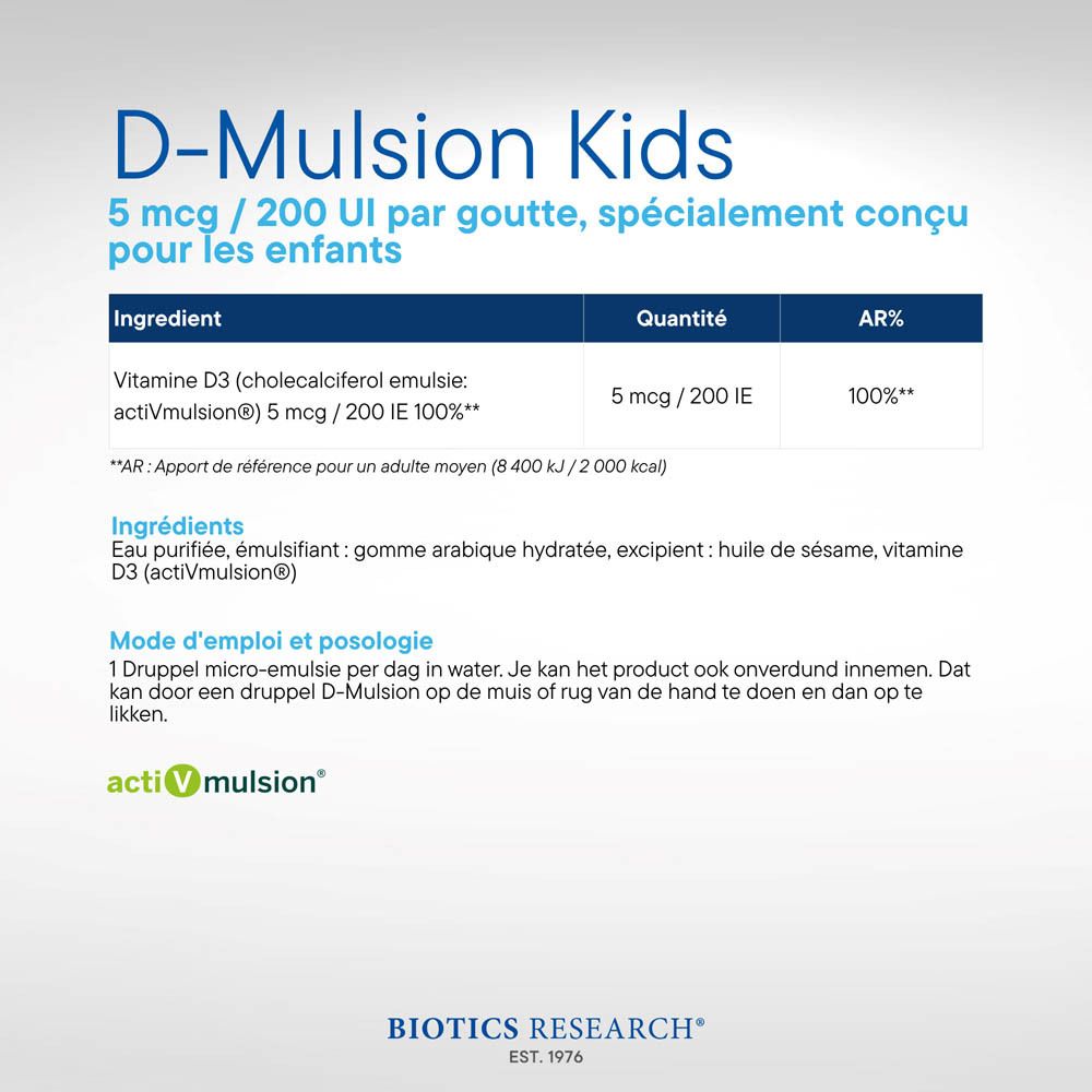 Flacon de gouttes D-Mulsion Kids Vitamine D3 avec motif pingouin, étiquetage français.