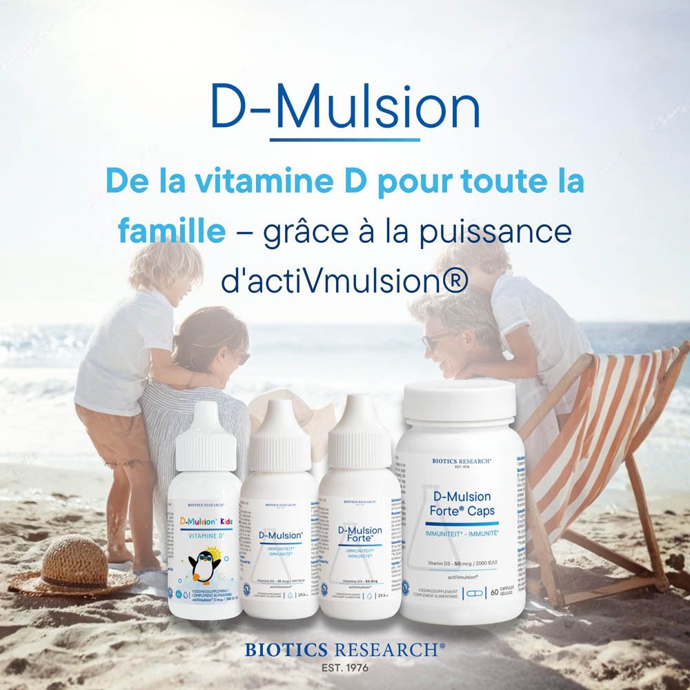 Flacon de gouttes D-Mulsion Kids Vitamine D3 avec motif pingouin, étiquetage français.