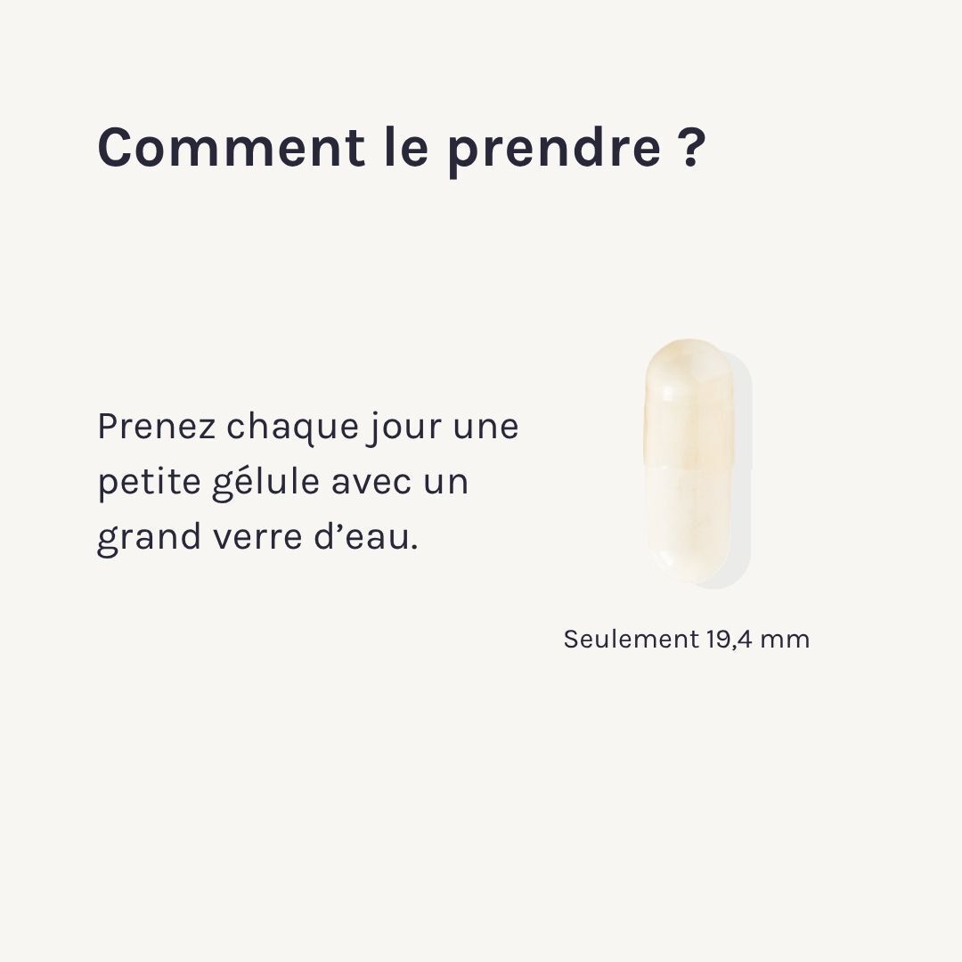 Utilisation : Prendre une petite gélule par jour avec de l'eau. Longueur : 19,4 mm.