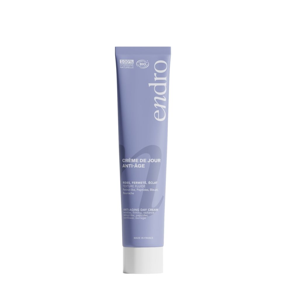 Emballage de la crème de jour anti-âge Endro. Boîte violette avec nom du produit et labels.