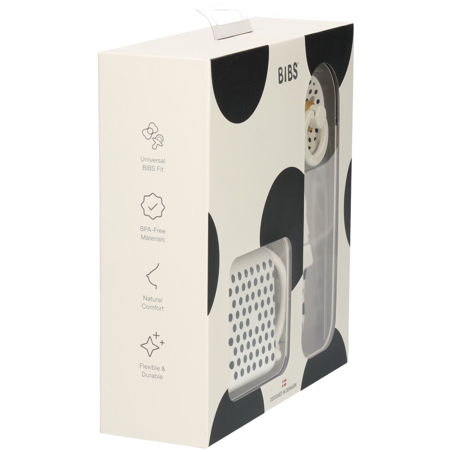 Emballage coffret cadeau avec sucette, boîte et attache-sucette. Texte: matériaux sans BPA, confort naturel.