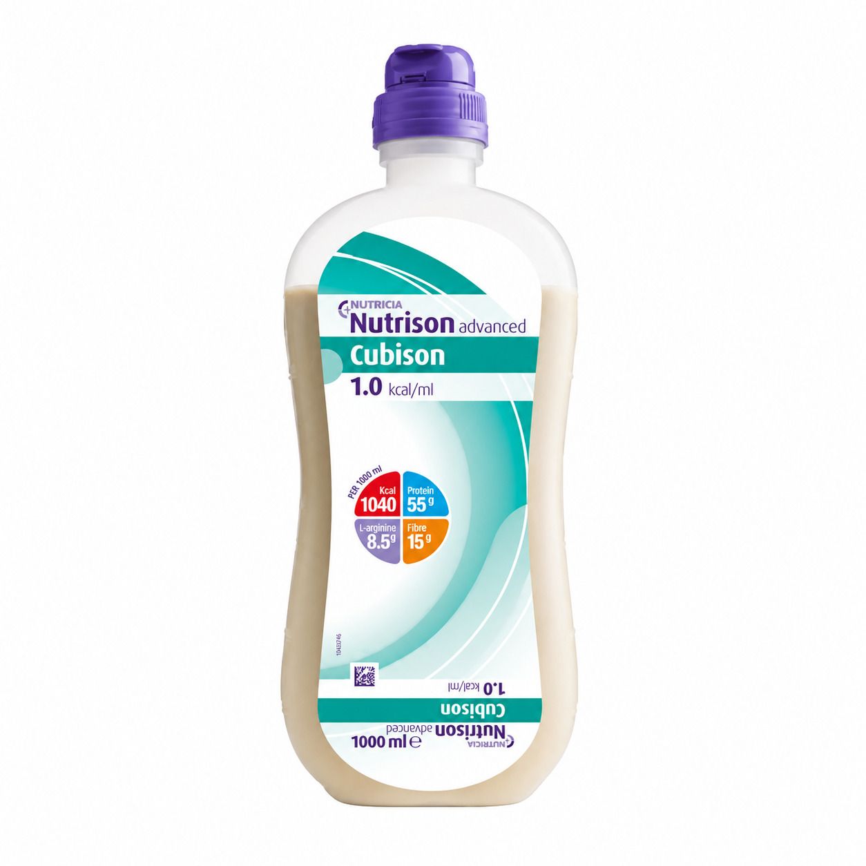 Bouteille de liquide. Inscription: Nutrison advanced Cubison, 1,0 kcal/ml. Contient des informations nutritionnelles. 1000 ml.