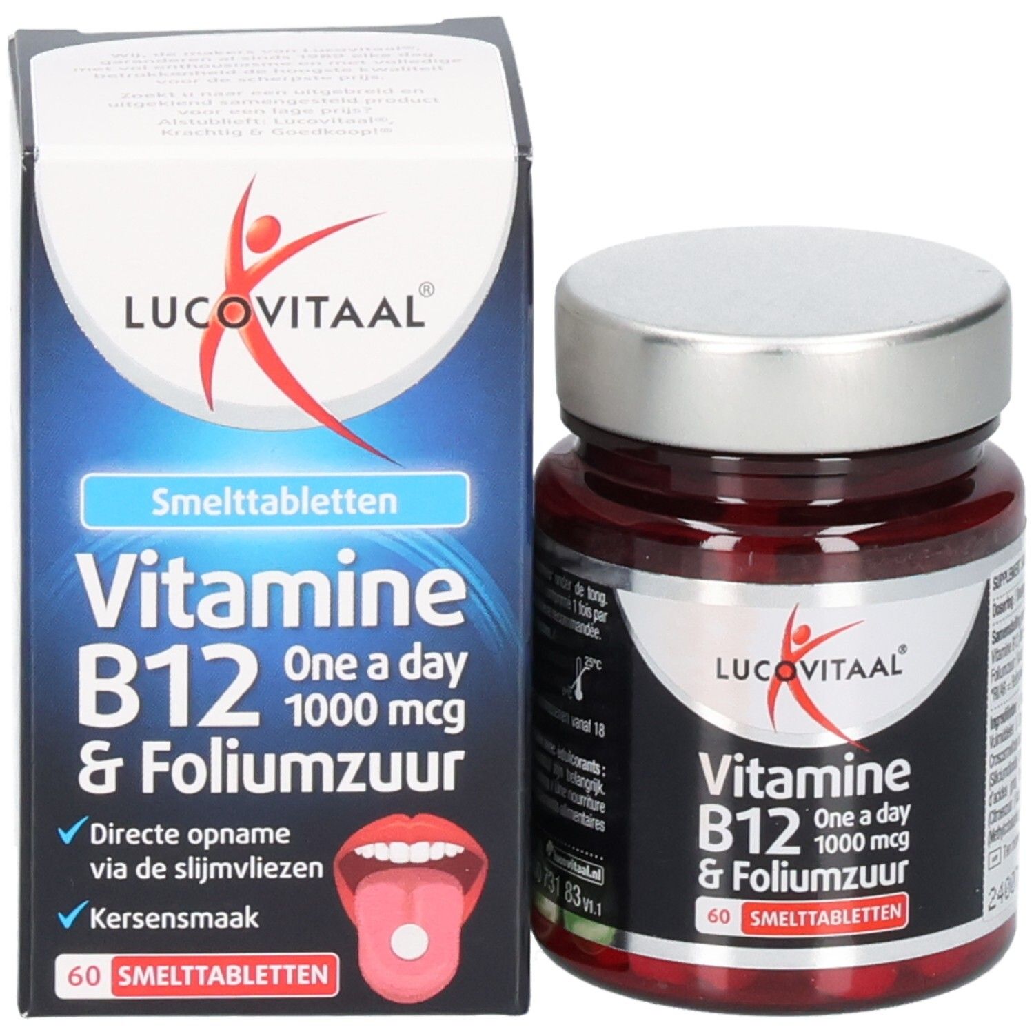 Emballage du produit avec flacon et boîte. Boîte avec nom du produit, vitamine B12 et acide folique. 60 comprimés.