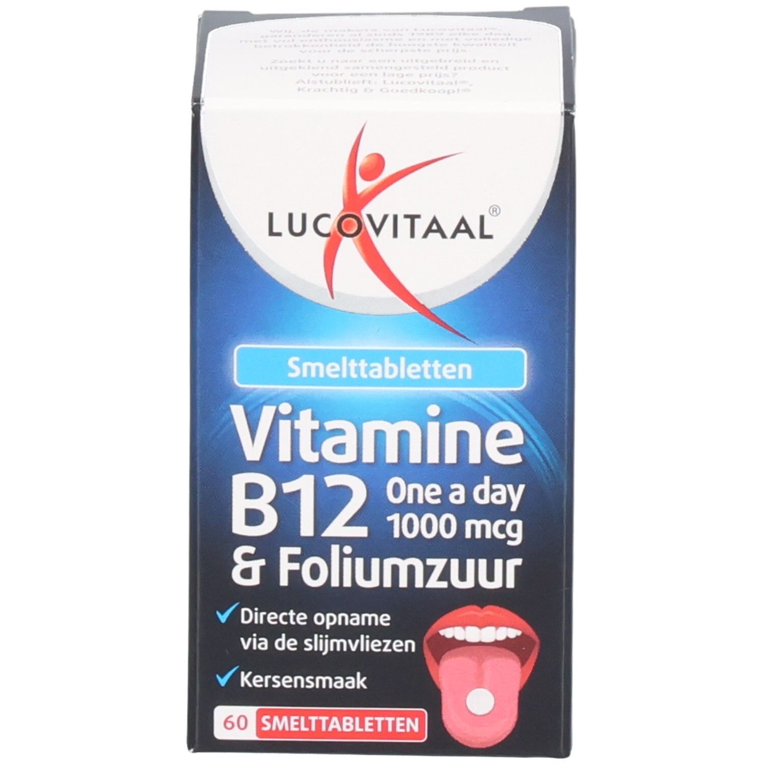 Emballage du produit avec boîte. Boîte avec nom du produit, vitamine B12 et acide folique. 60 comprimés. Langue avec comprimé.