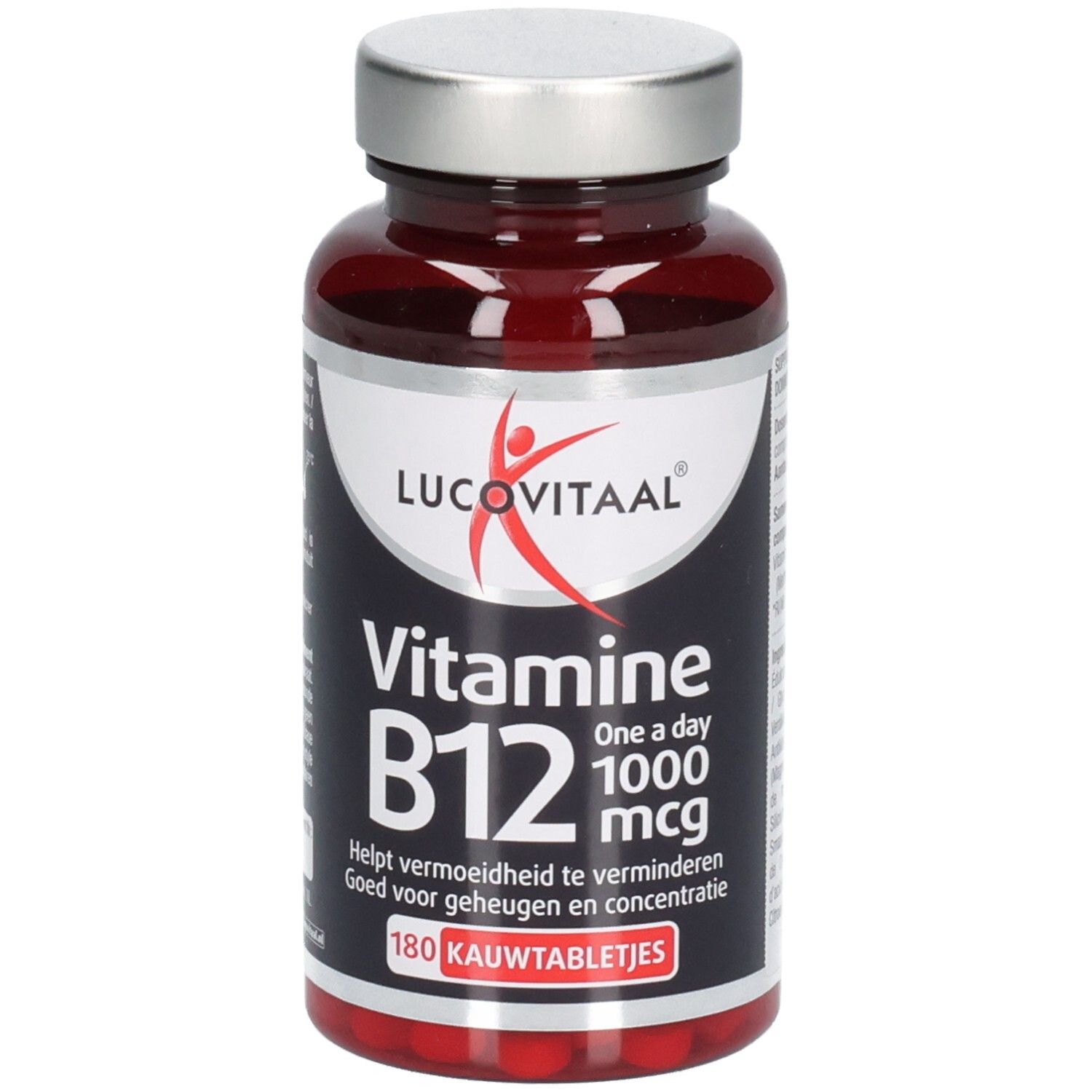 Flacon marron avec comprimés. Inscription: Vitamine B12 1000 mcg. 180 comprimés à croquer. Marque: Lucovitaal.