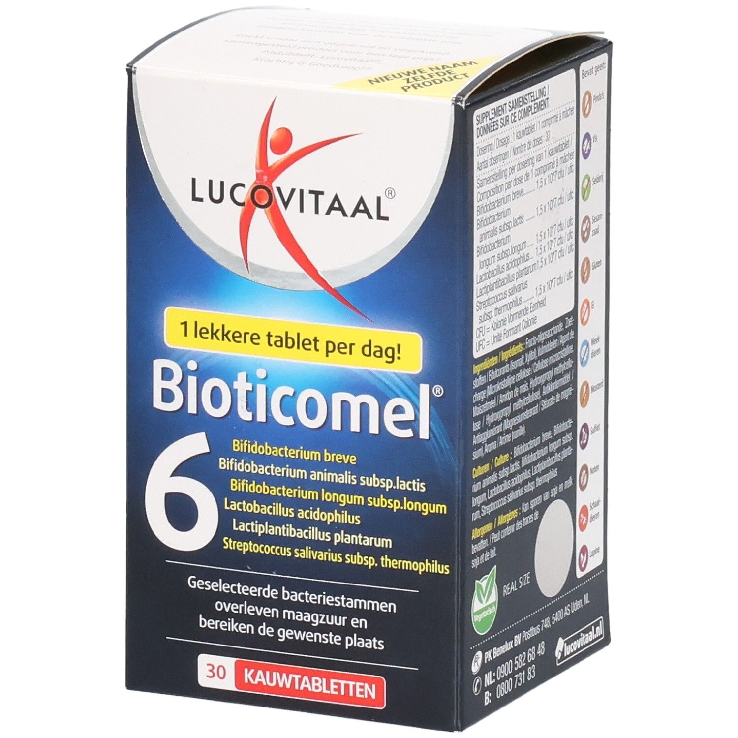Boîte BioticoMel. Emballage bleu et blanc avec logo et nom du produit. Contient 30 comprimés à mâcher.