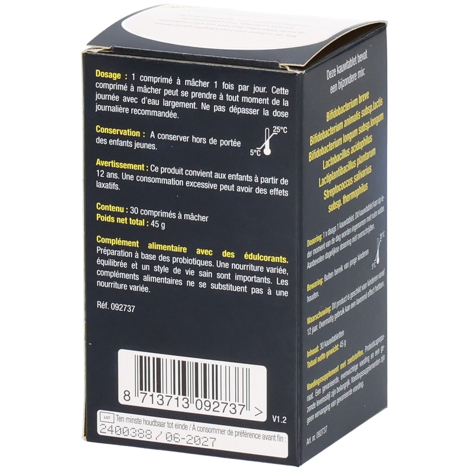 Dos de la boîte BioticoMel. Contient des informations sur les ingrédients et le dosage. Fond noir.
