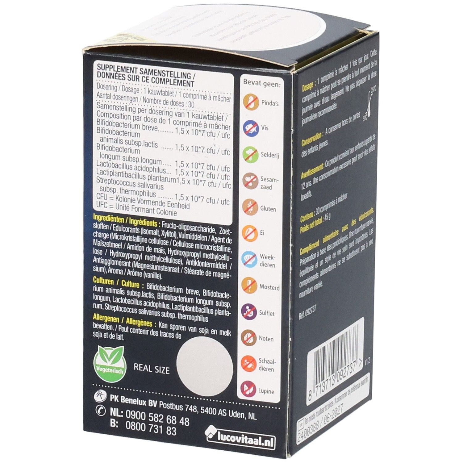 Côté de la boîte BioticoMel. Contient des informations sur les ingrédients et les allergènes. Fond noir.