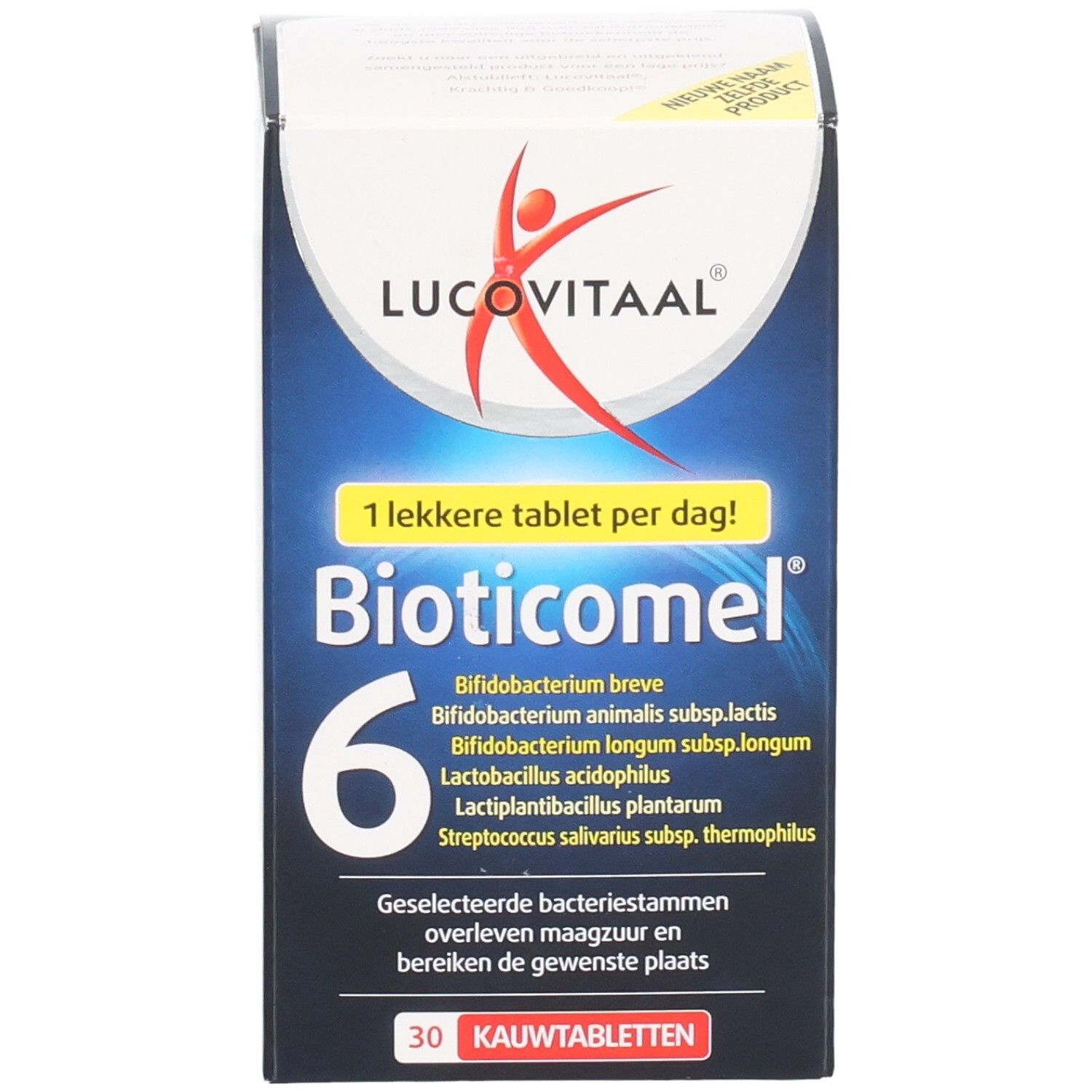 Boîte BioticoMel. Emballage bleu et blanc avec logo et nom du produit. Contient 30 comprimés à mâcher.