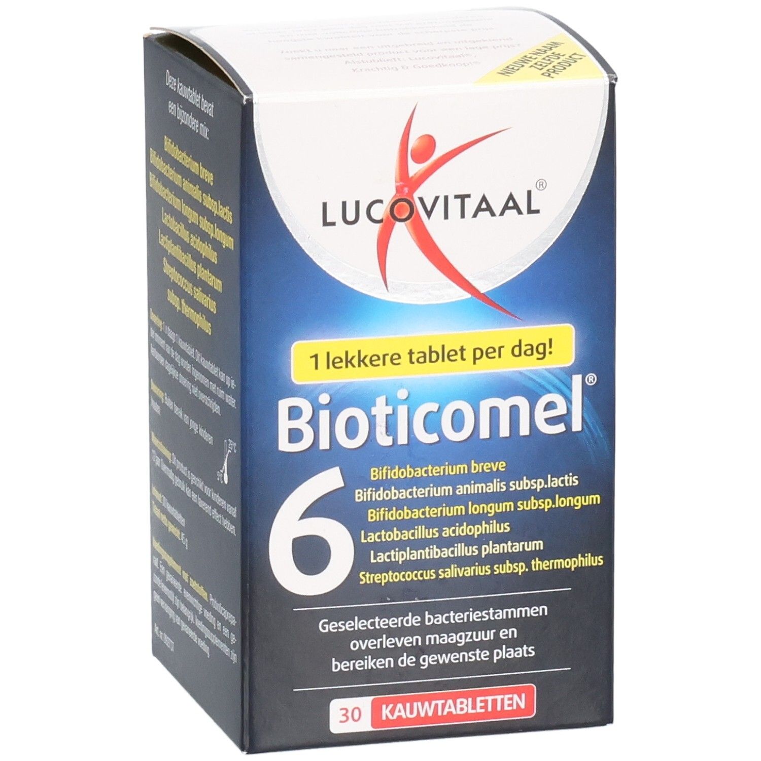Boîte BioticoMel. Emballage bleu et blanc avec logo et nom du produit. Contient 30 comprimés à mâcher.