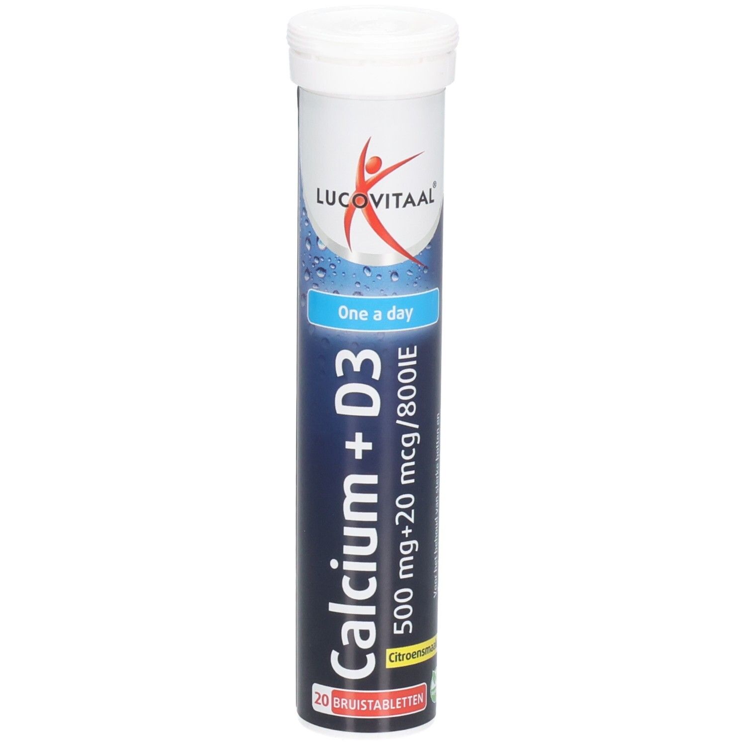 Tube cylindrique de comprimés effervescents Calcium + D3. Marque Lucovitaal. Contient 20 comprimés. Emballage bleu et blanc.