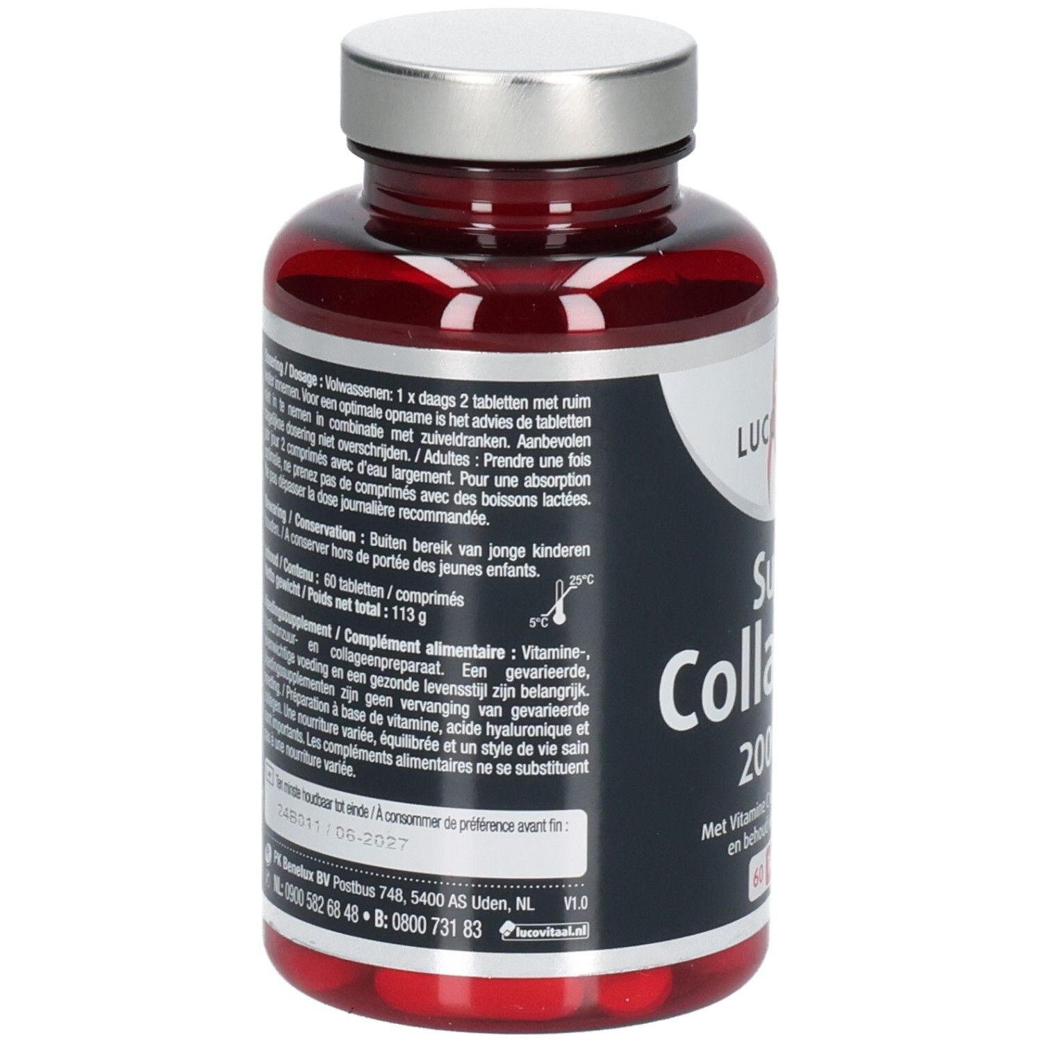 Flacon de comprimés rouges avec bouchon argenté. Dos avec texte. Inscription: Lucovitaal Super Collageen 2000 mg. 60 comprimés.