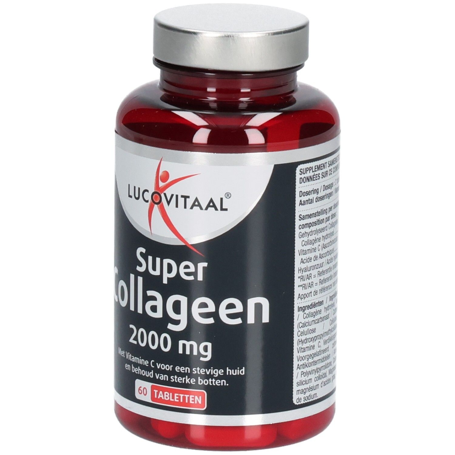 Flacon de comprimés rouges avec bouchon argenté. Inscription: Lucovitaal Super Collageen 2000 mg. 60 comprimés.