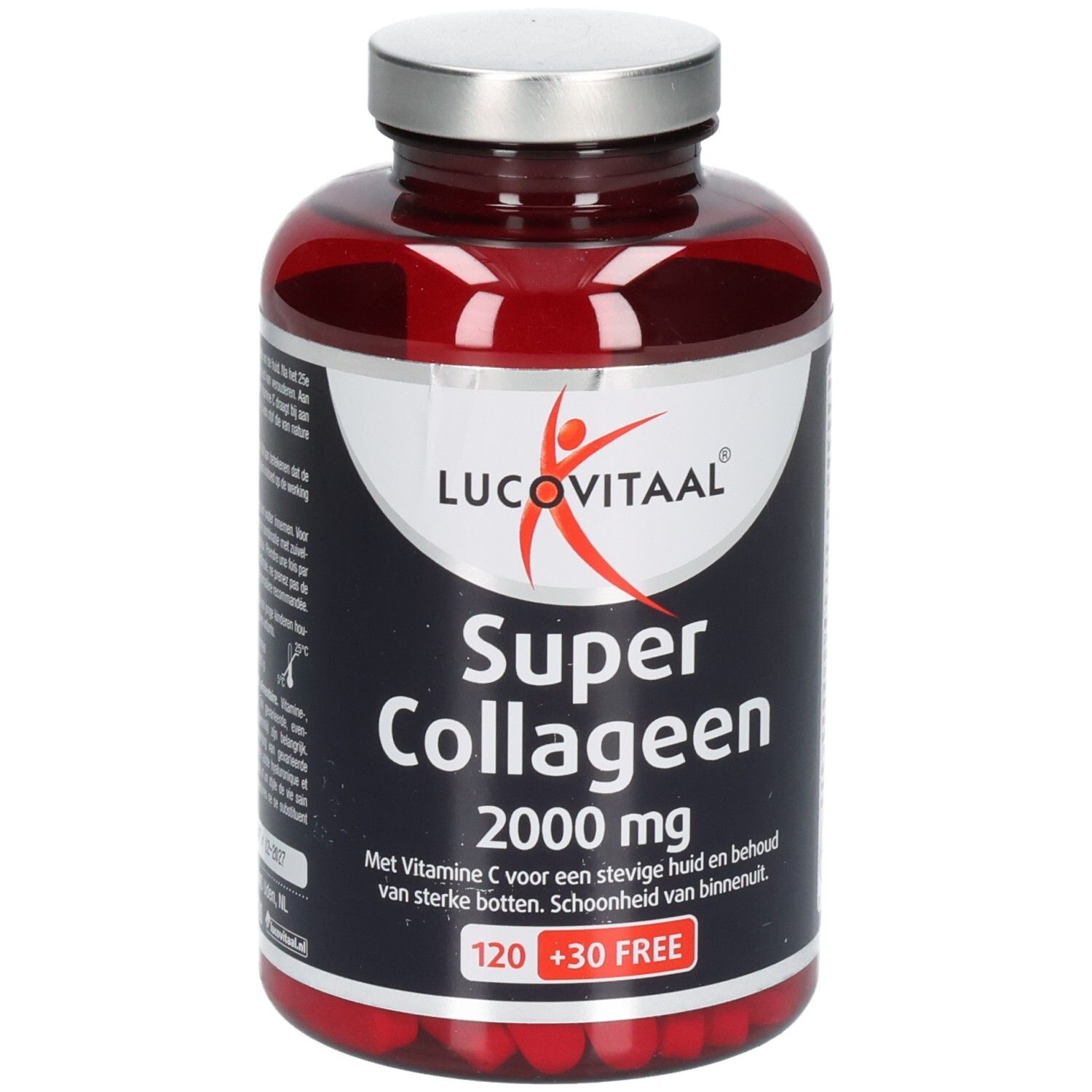 Flacon rouge avec bouchon argenté. Inscription : Lucovitaal Super Collageen 2000 mg. 120 + 30 GRATUIT.