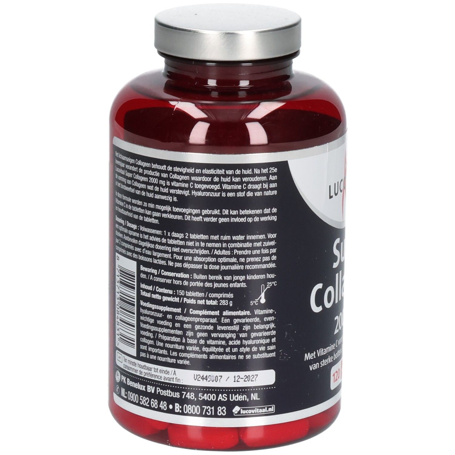 Flacon rouge avec bouchon argenté. Dos avec texte. Marque : Lucovitaal. Produit : Super Collageen 2000 mg.