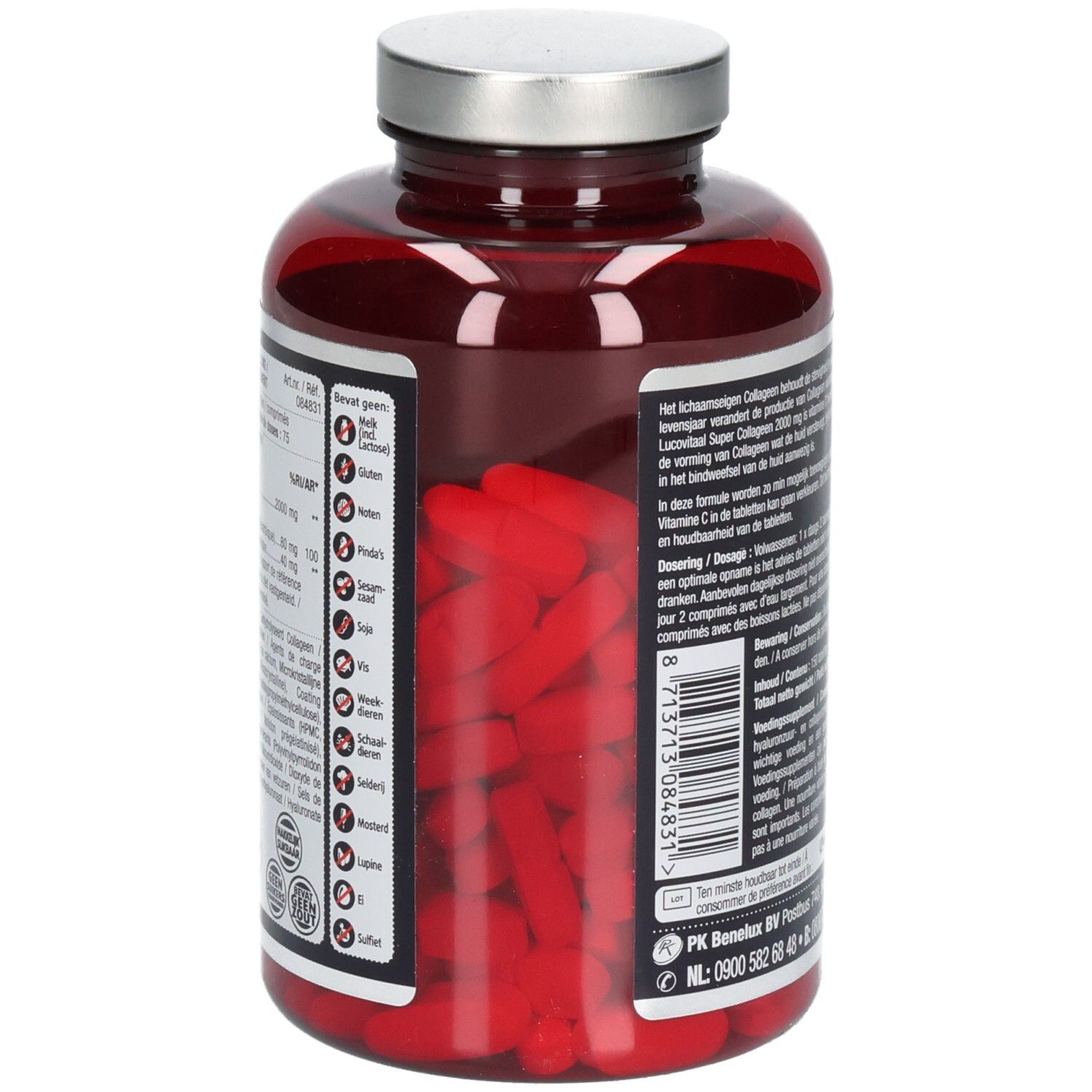 Flacon rouge avec bouchon argenté. Capsules rouges visibles. Marque : Lucovitaal. Produit : Super Collageen.