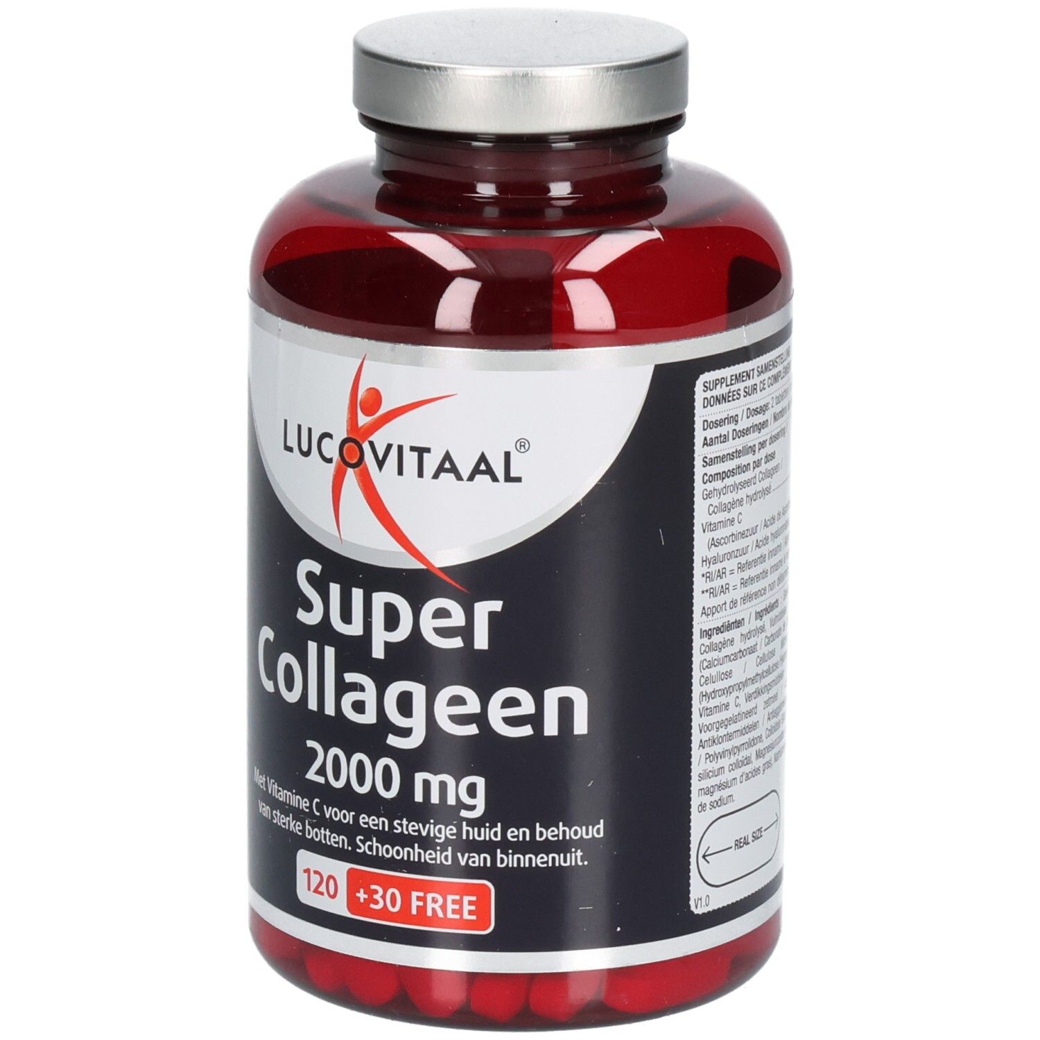 Flacon rouge avec bouchon argenté. Inscription : Lucovitaal Super Collageen 2000 mg. 120 + 30 GRATUIT.