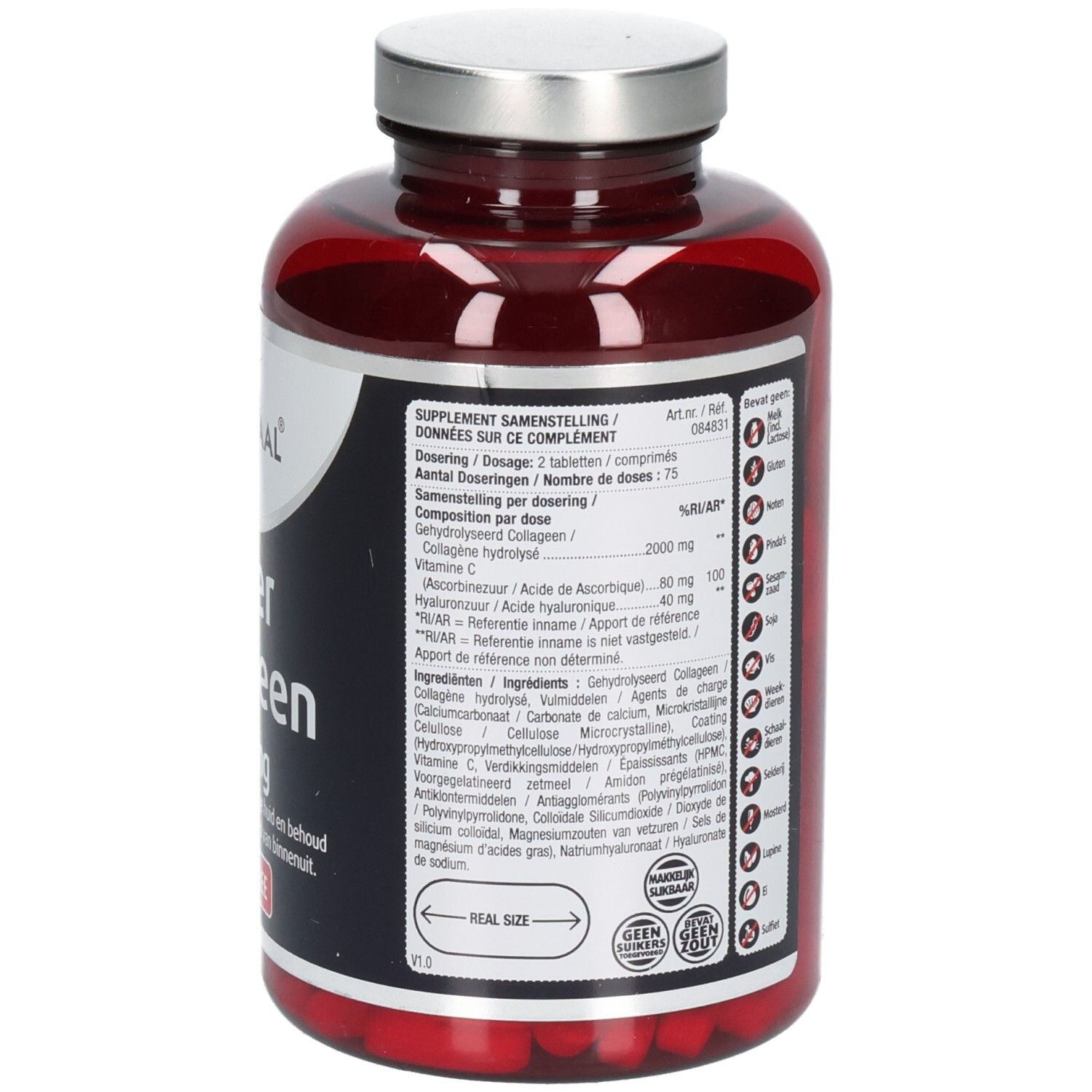 Flacon rouge avec bouchon argenté. Dos avec texte. Marque : Lucovitaal. Produit : Super Collageen 2000 mg.