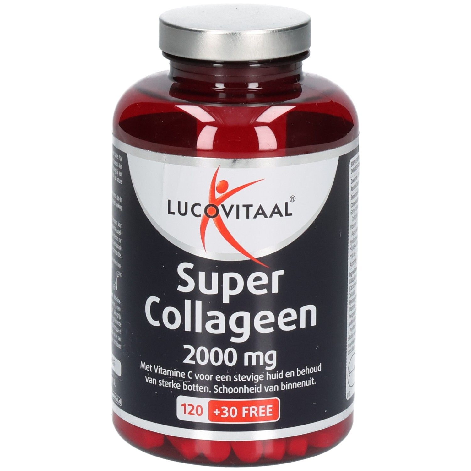 Flacon rouge avec bouchon argenté. Inscription : Lucovitaal Super Collageen 2000 mg. 120 + 30 GRATUIT.