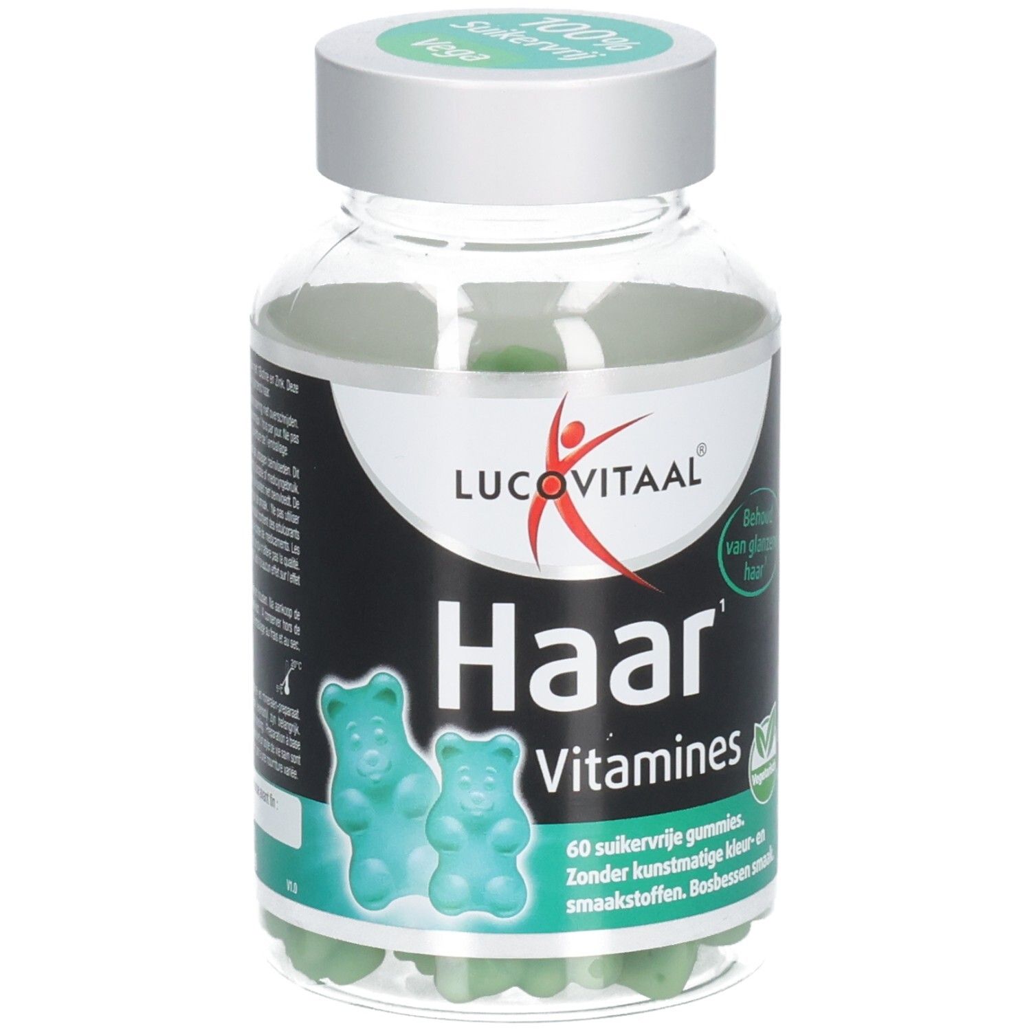 Flacon transparent de gummies verts. Inscription: Haar Vitaminen, Lucovitaal. 100% sans sucre, végétalien.
