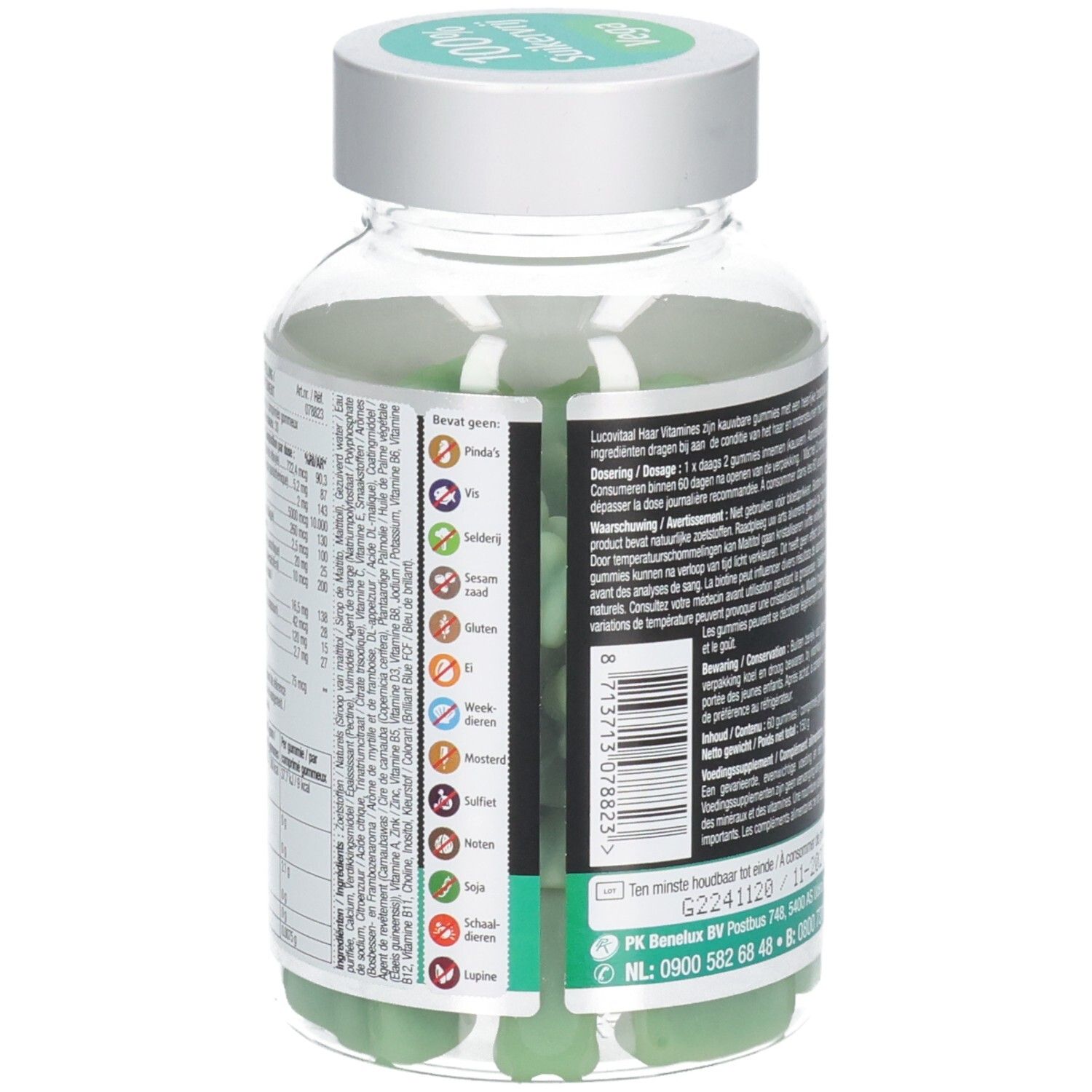 Dos du flacon avec texte et informations nutritionnelles. Gummies verts visibles. Code-barres.