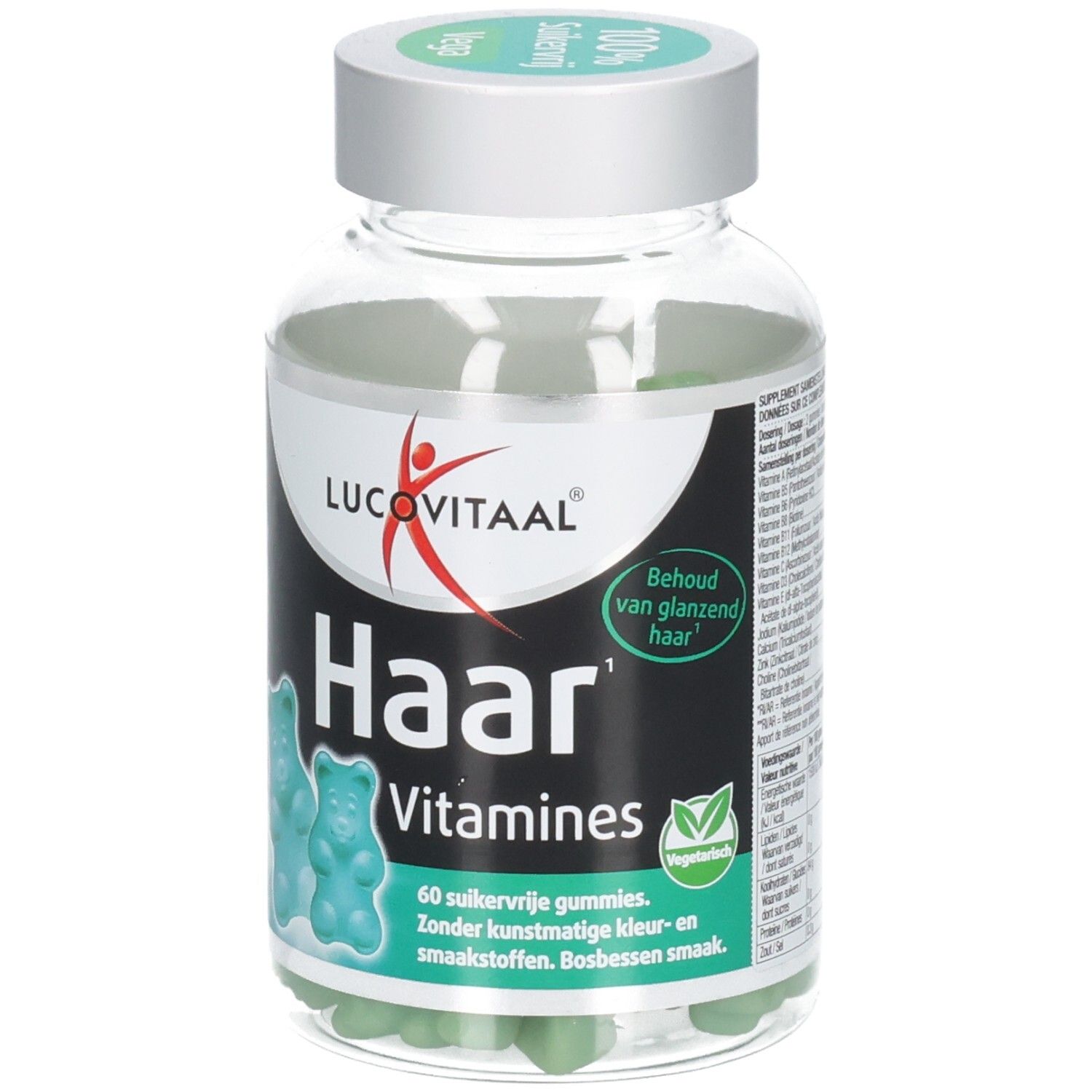 Flacon transparent de gummies verts. Inscription: Haar Vitaminen, Lucovitaal. Label végétalien.
