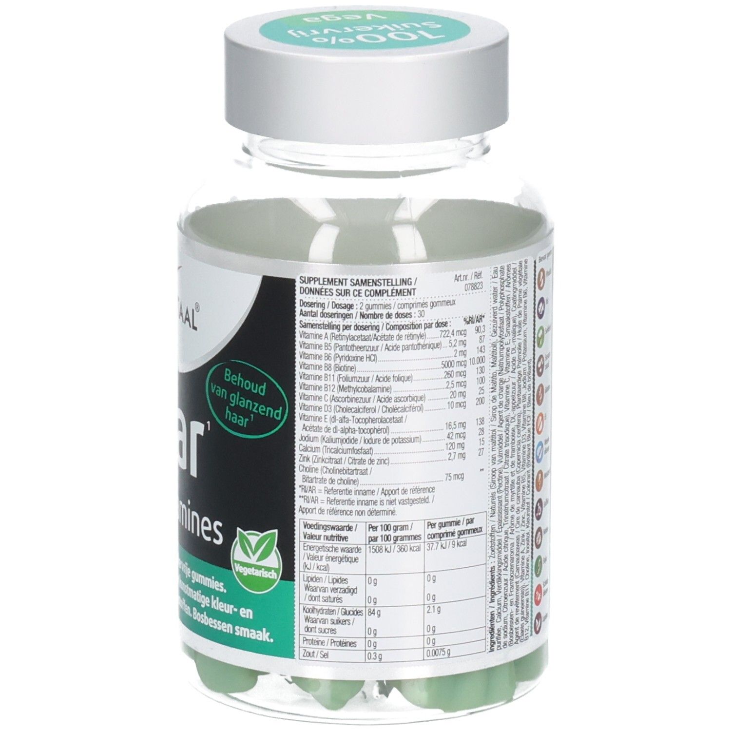Dos du flacon avec texte et informations nutritionnelles. Inscription: Haar Vitaminen. Label végétalien.