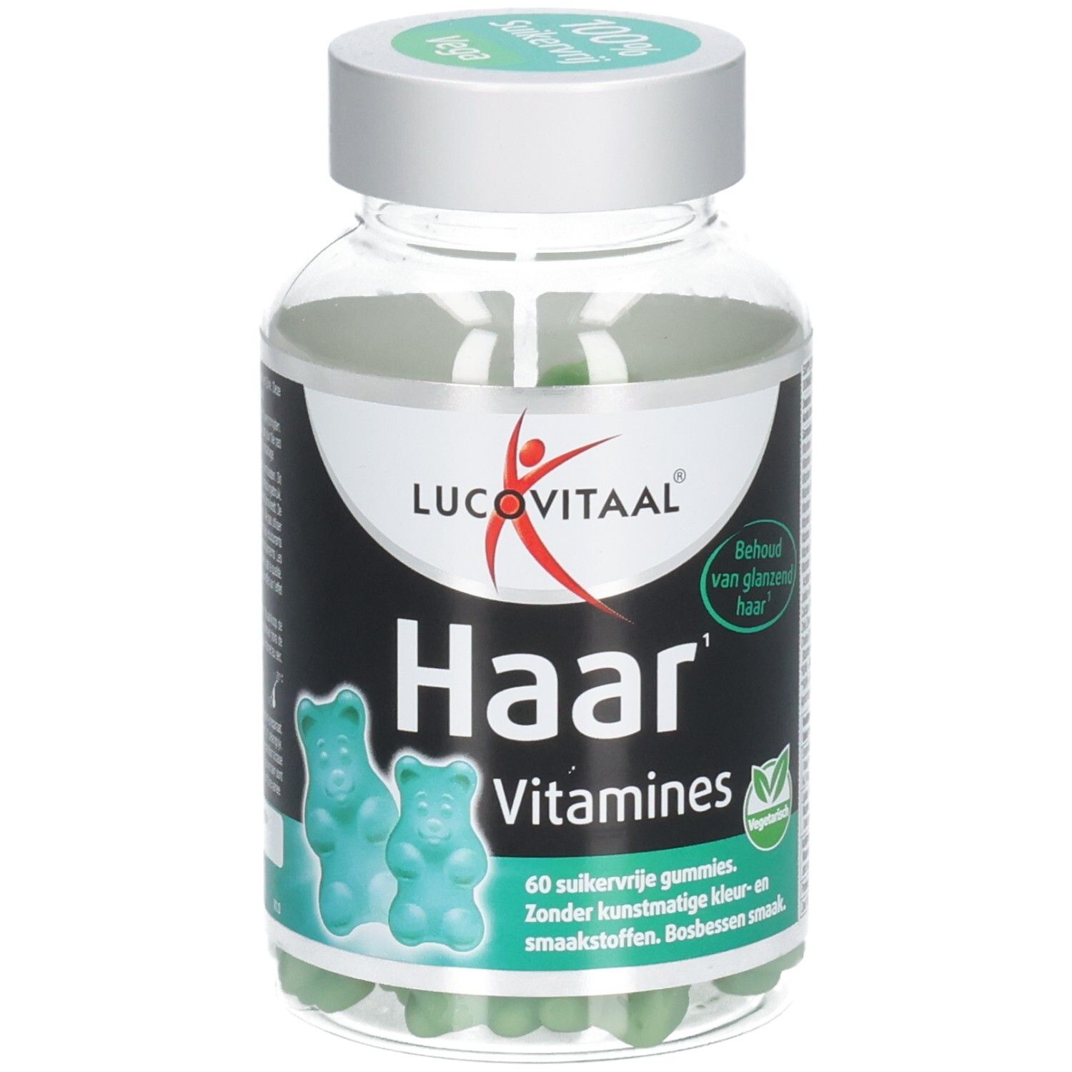 Flacon transparent de gummies verts. Inscription: Haar Vitaminen, Lucovitaal. 100% sans sucre, végétalien.