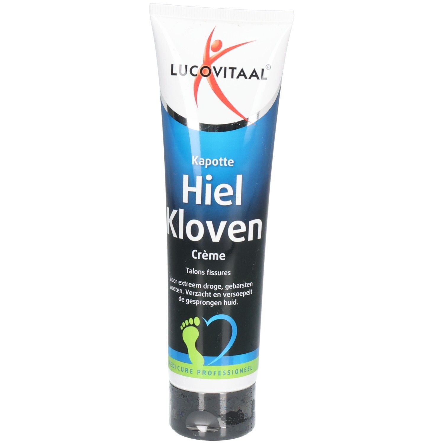 Tube de crème pour talons fendillés. Emballage blanc et bleu avec logo. Symbole de pied.