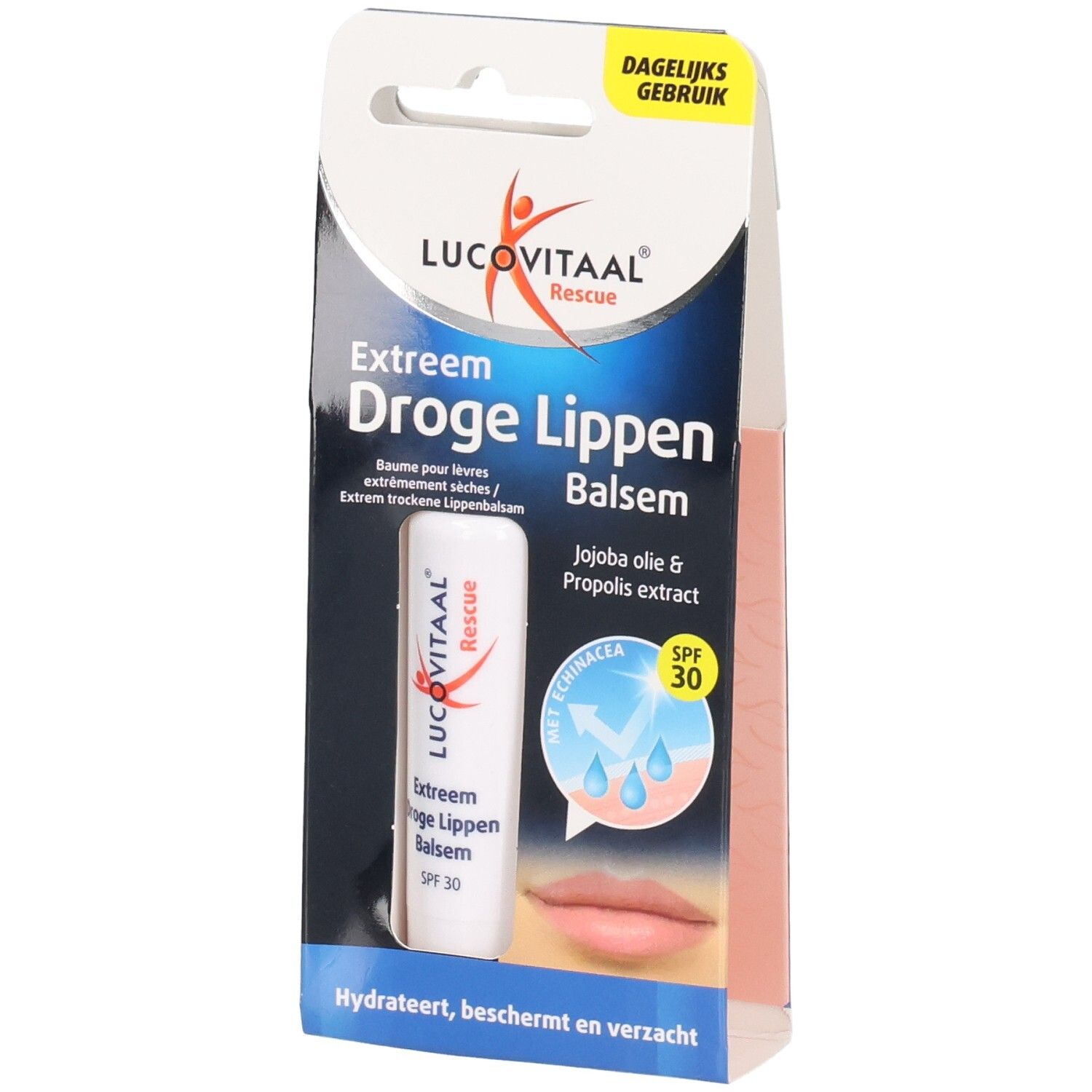Emballage de baume à lèvres. Nom du produit: Lucovitaal. Texte: Extreem Droge Lippen Balsem. Contient SPF 30. Avec huile de jojoba et propolis.