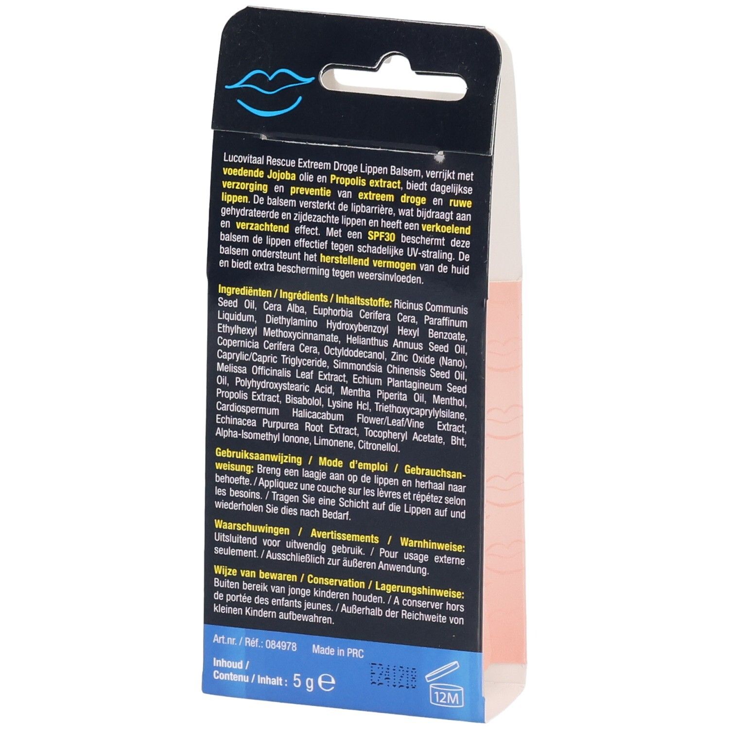 Dos de l'emballage avec informations produit. Contient ingrédients, mode d'emploi et avertissements. Produit: Lucovitaal.