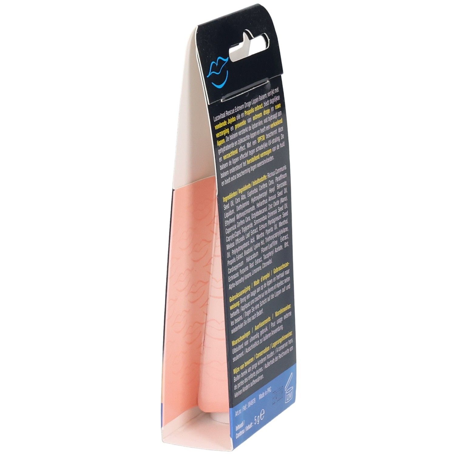 Vue latérale de l'emballage avec texte. Informations sur le produit et avertissements. Produit: Lucovitaal.
