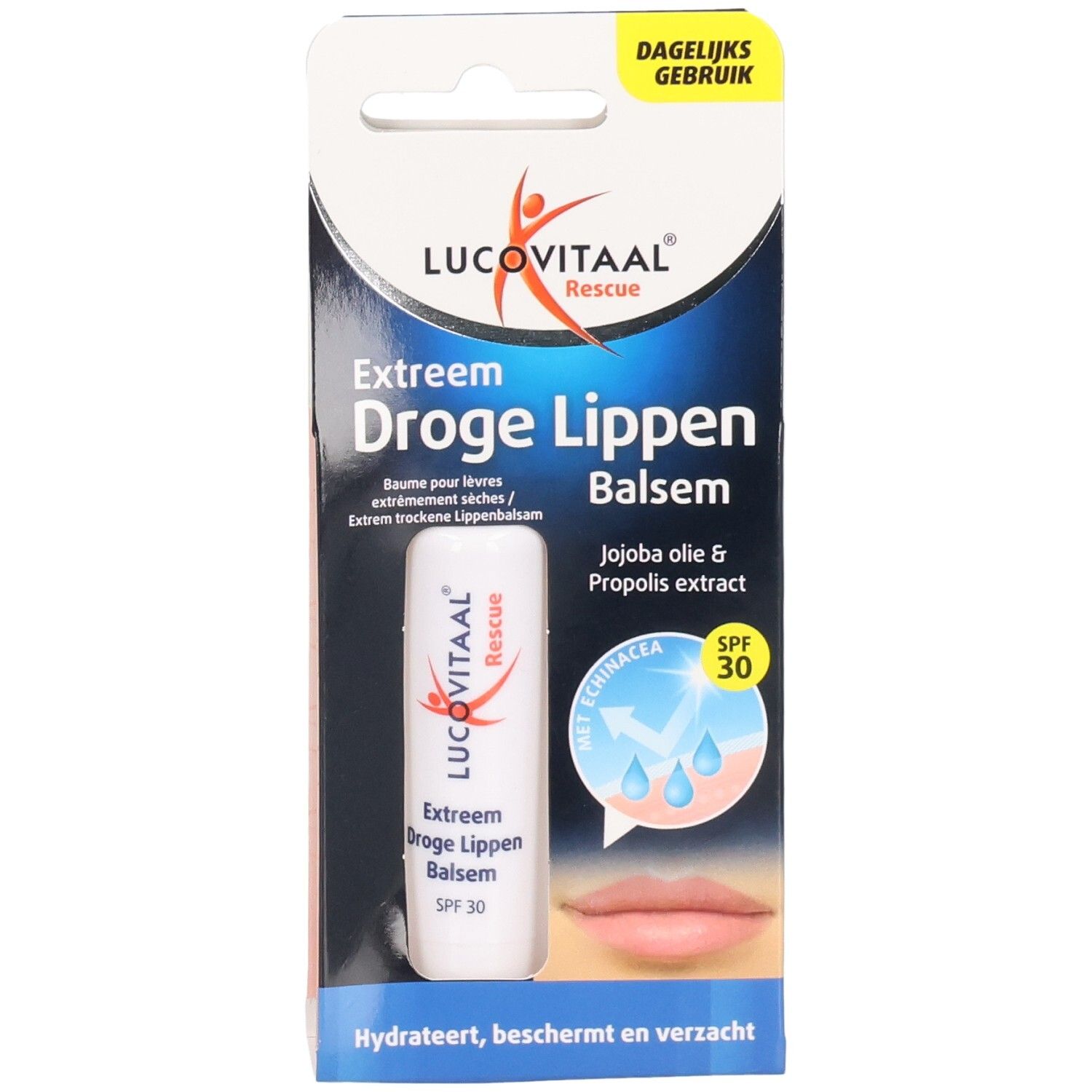 Emballage de baume à lèvres. Nom du produit: Lucovitaal. Texte: Extreem Droge Lippen Balsem. Contient SPF 30. Avec huile de jojoba et propolis.