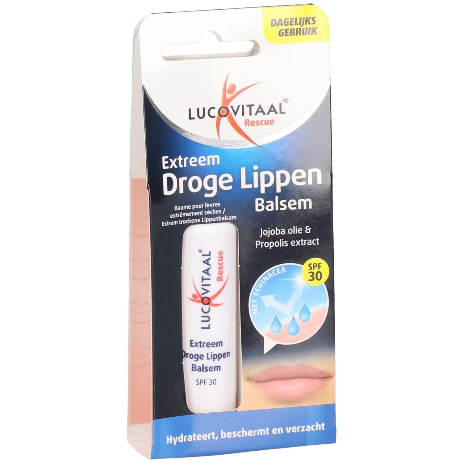 Emballage de baume à lèvres. Nom du produit: Lucovitaal. Texte: Extreem Droge Lippen Balsem. Contient SPF 30. Avec huile de jojoba et propolis.